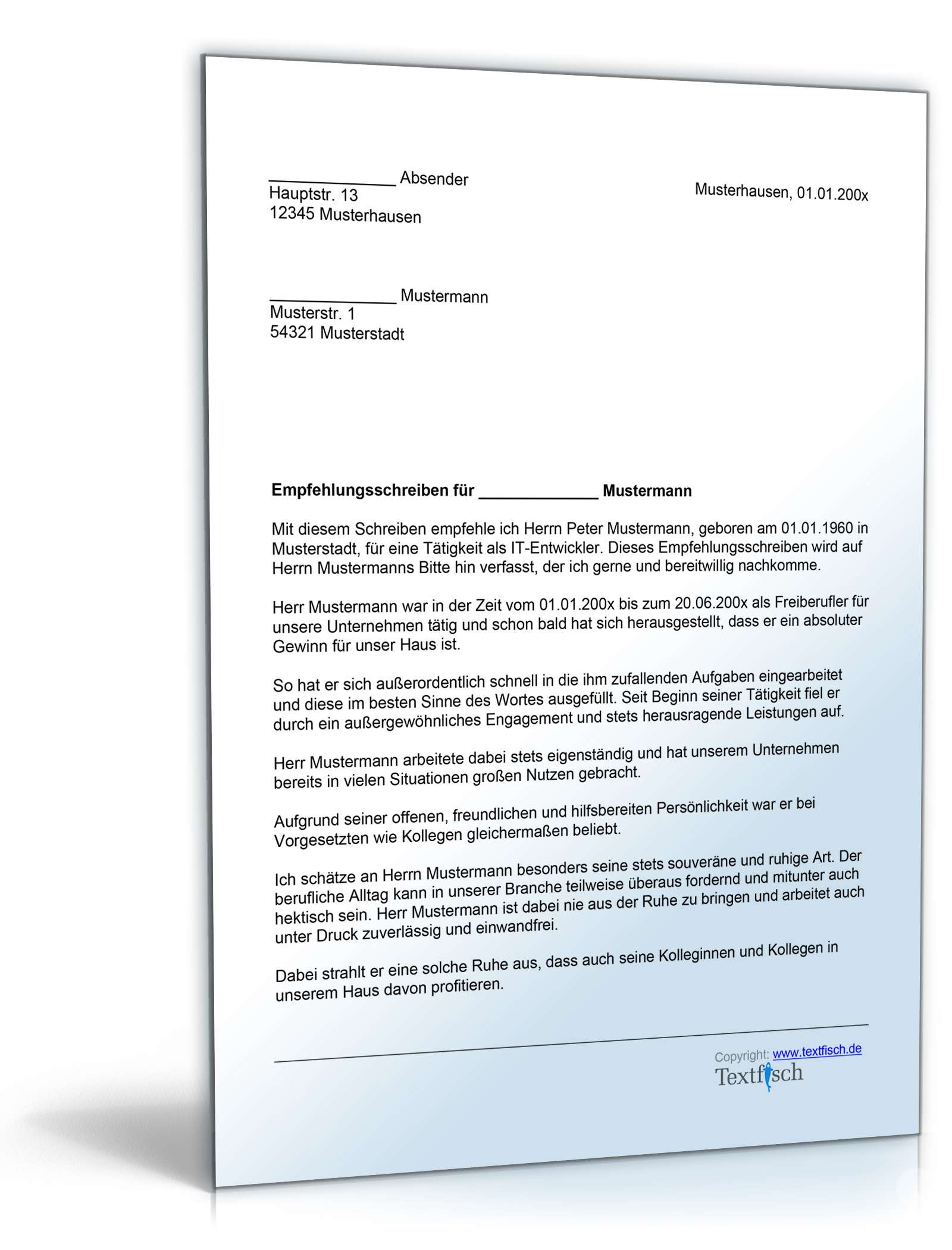 Empfehlungsschreiben Freiberufler Word