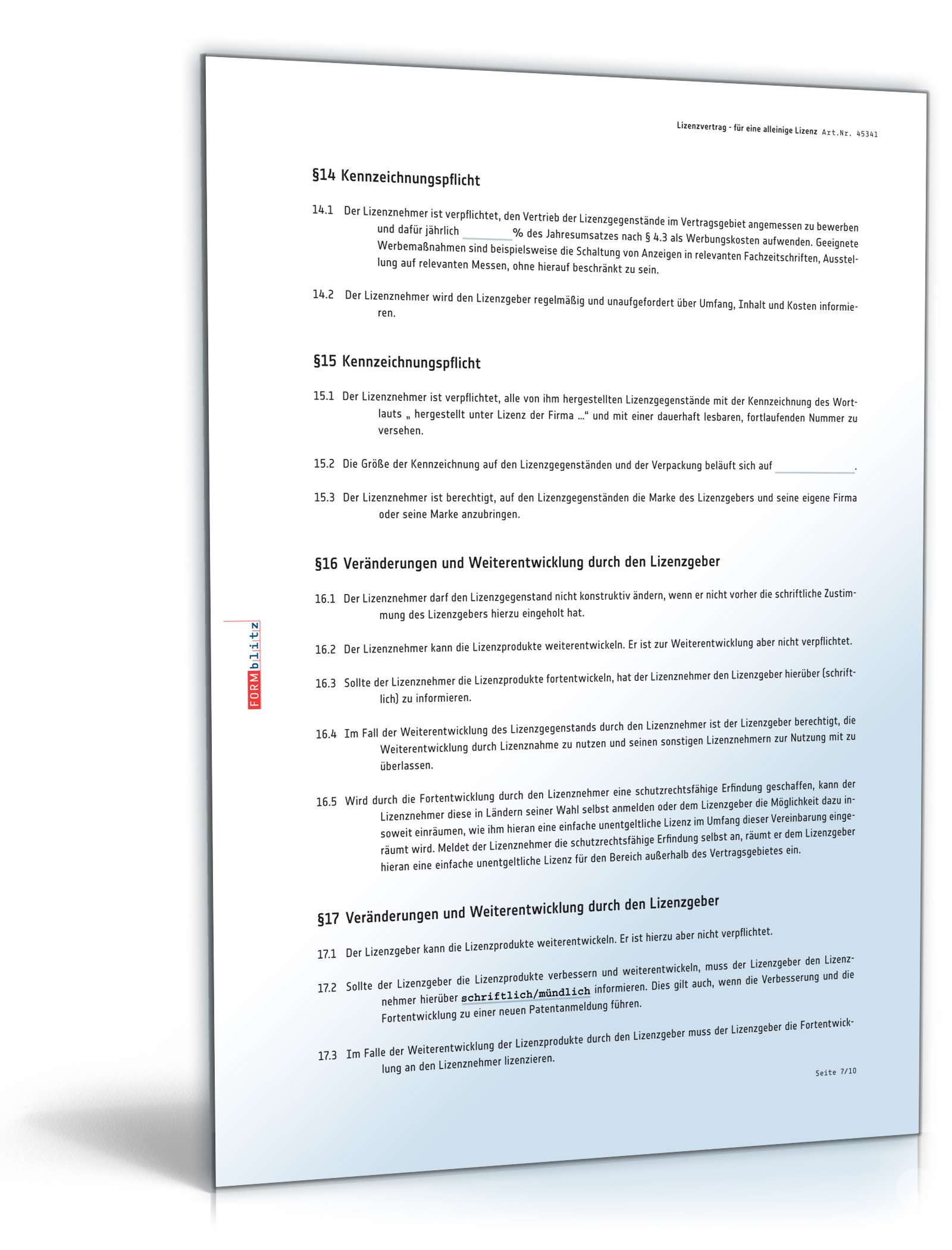Lizenzvertrag alleinige Lizenz PDF. Seite: 7