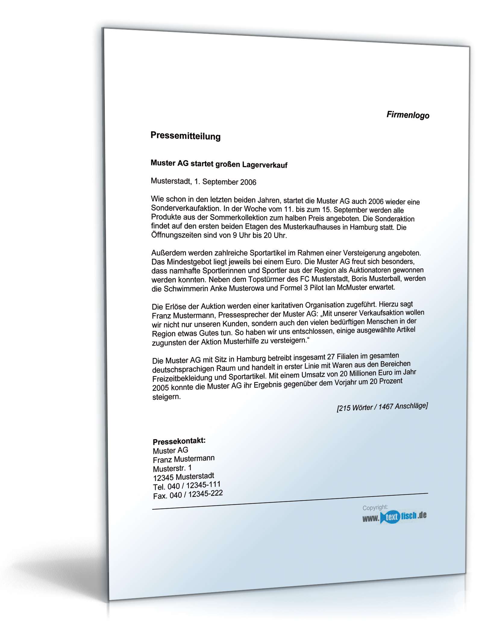 Pressemitteilung Ankündigung einer Verkaufsveranstaltung