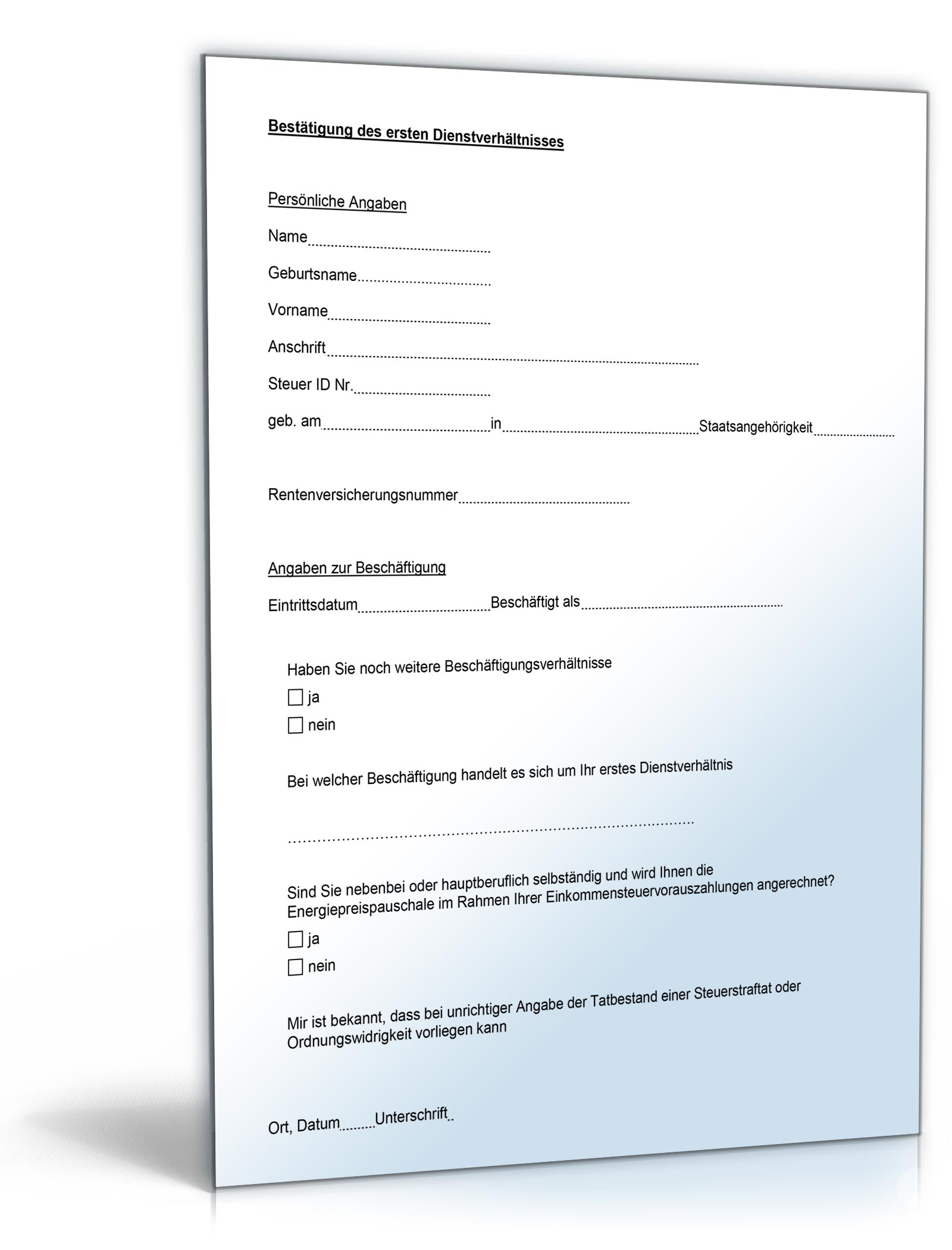 Bestätigung erstes Dienstverhältnis Energiepauschale Word