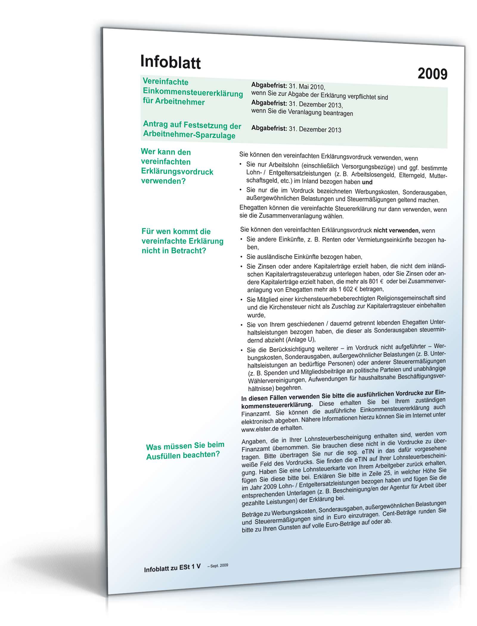 Anleitung vereinfachte Einkommensteuererklärung 2009 PDF