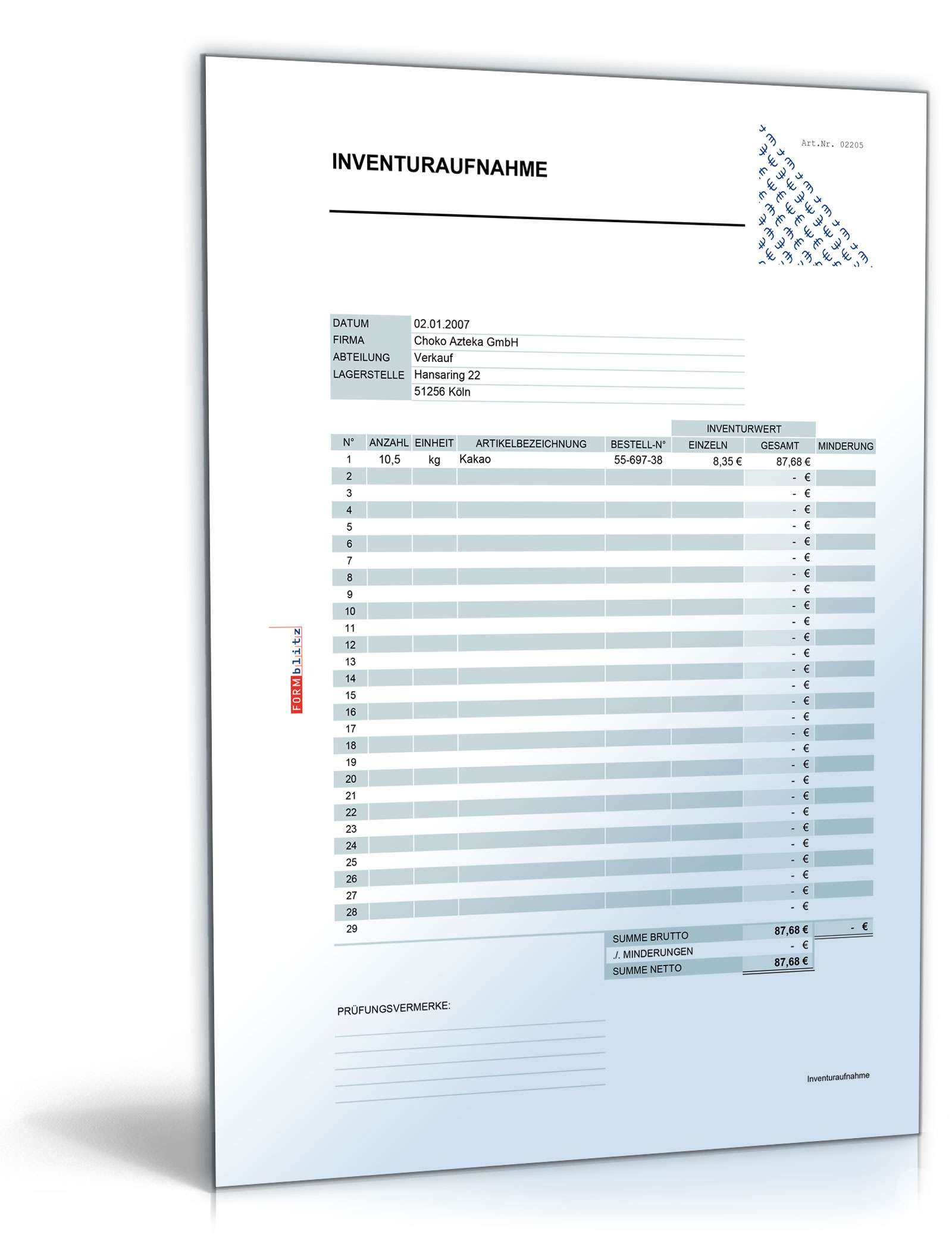 Inventuraufnahme  Excel