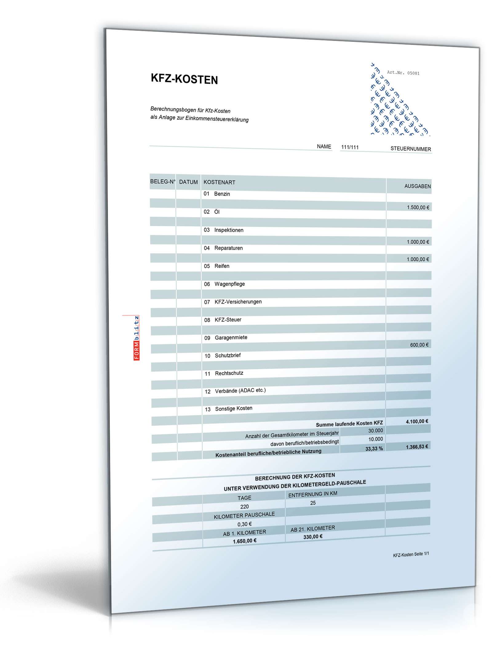 Rechentabelle Werbungskosten Kraftfahrzeug Excel. Seite: 2