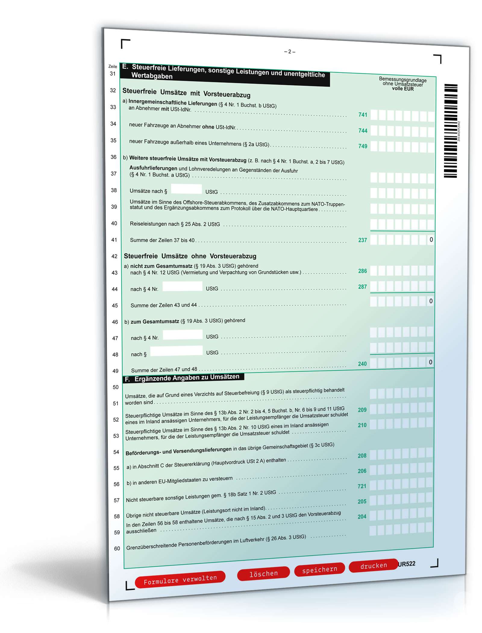 Anlage UR zur Umsatzsteuererklärung 2014 PDF. Seite: 2