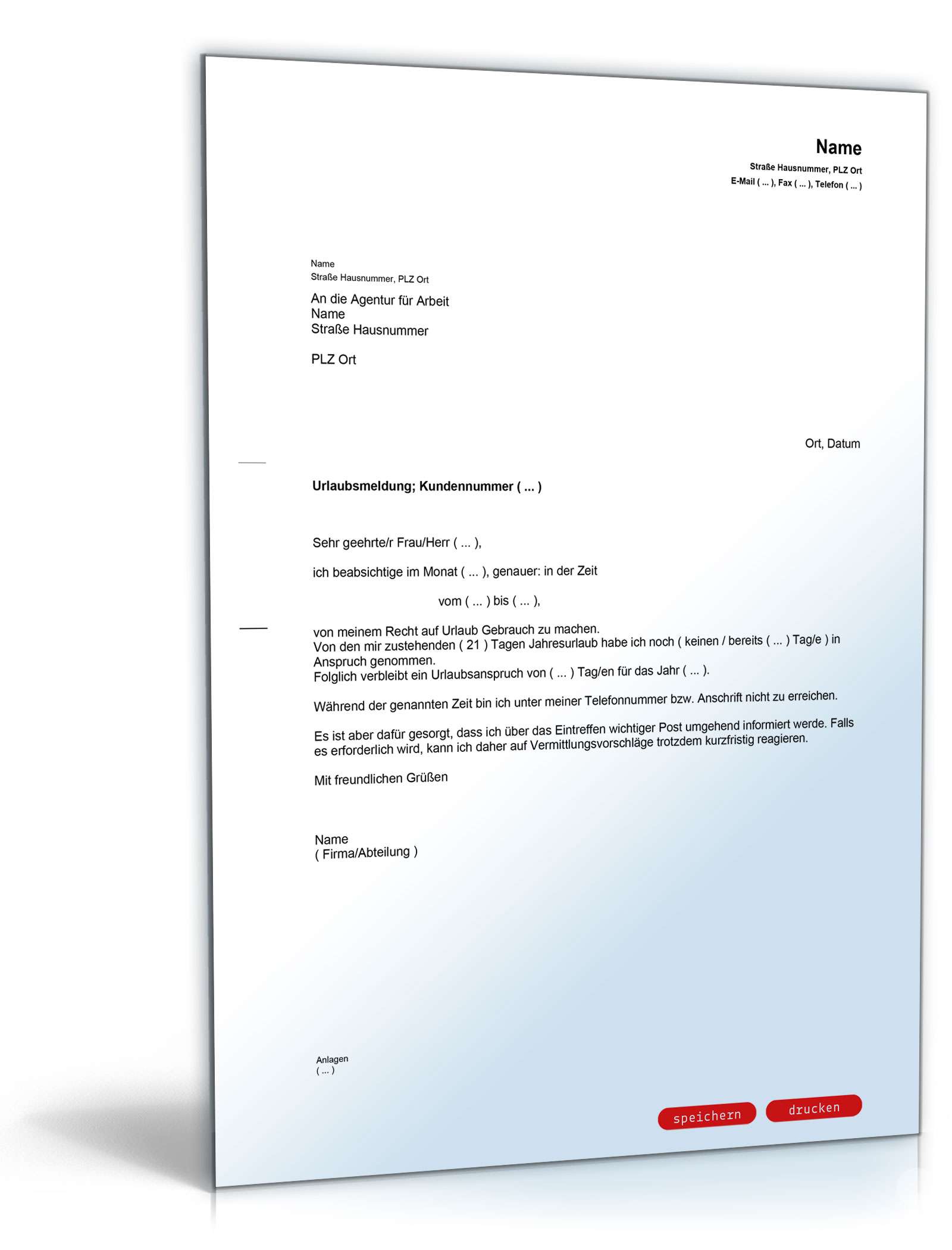 Urlaubsmeldung bei der Agentur für Arbeit PDF