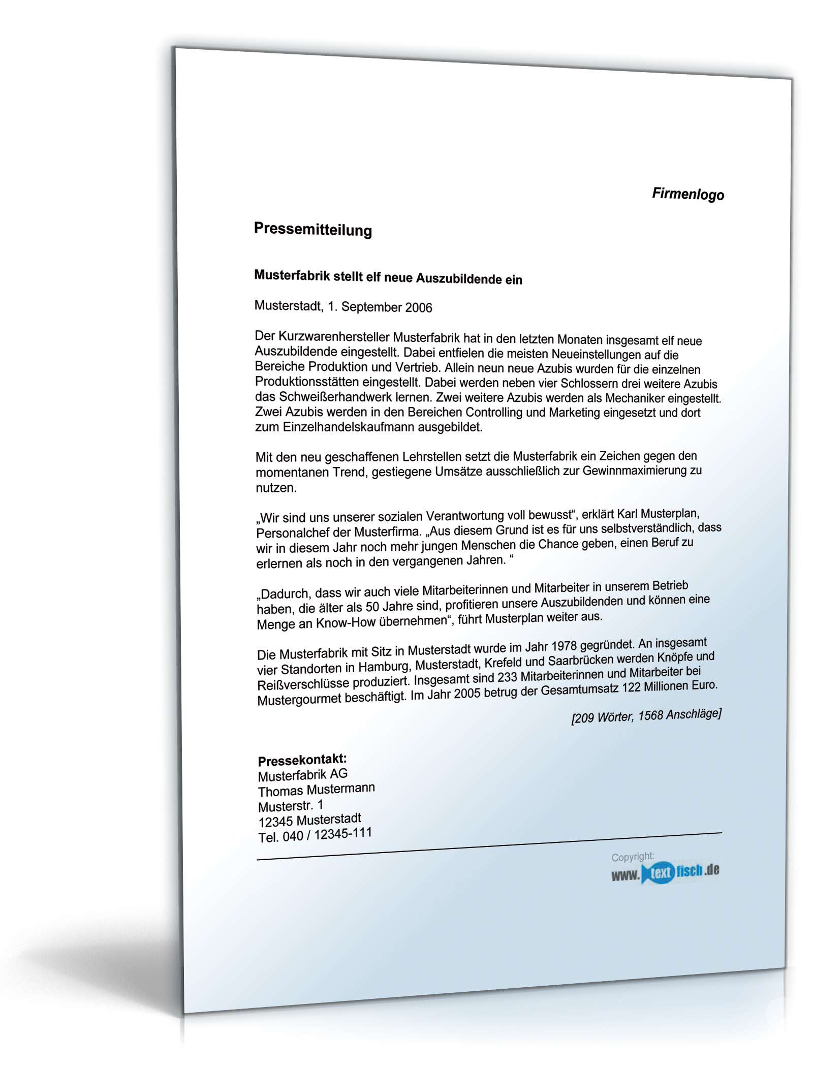 Pressemitteilung über Bereitstellung von Lehrstellen in der Produktion PDF