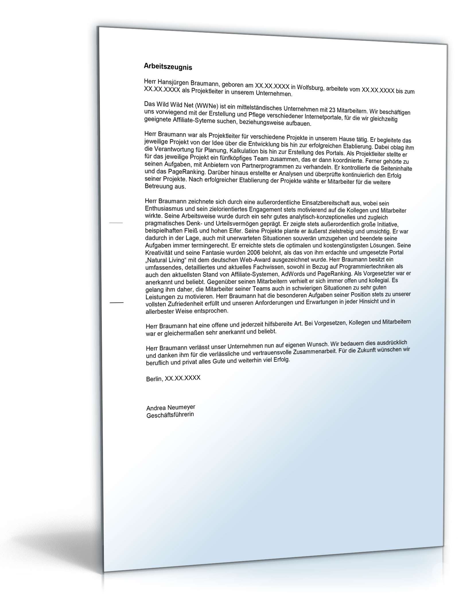 Arbeitszeugnis Projektleiter Excel. Seite: 3