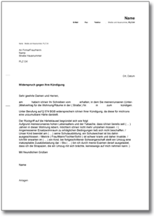 Widerspruch gegen unzumutbare Kündigung des Mietvertrags Word