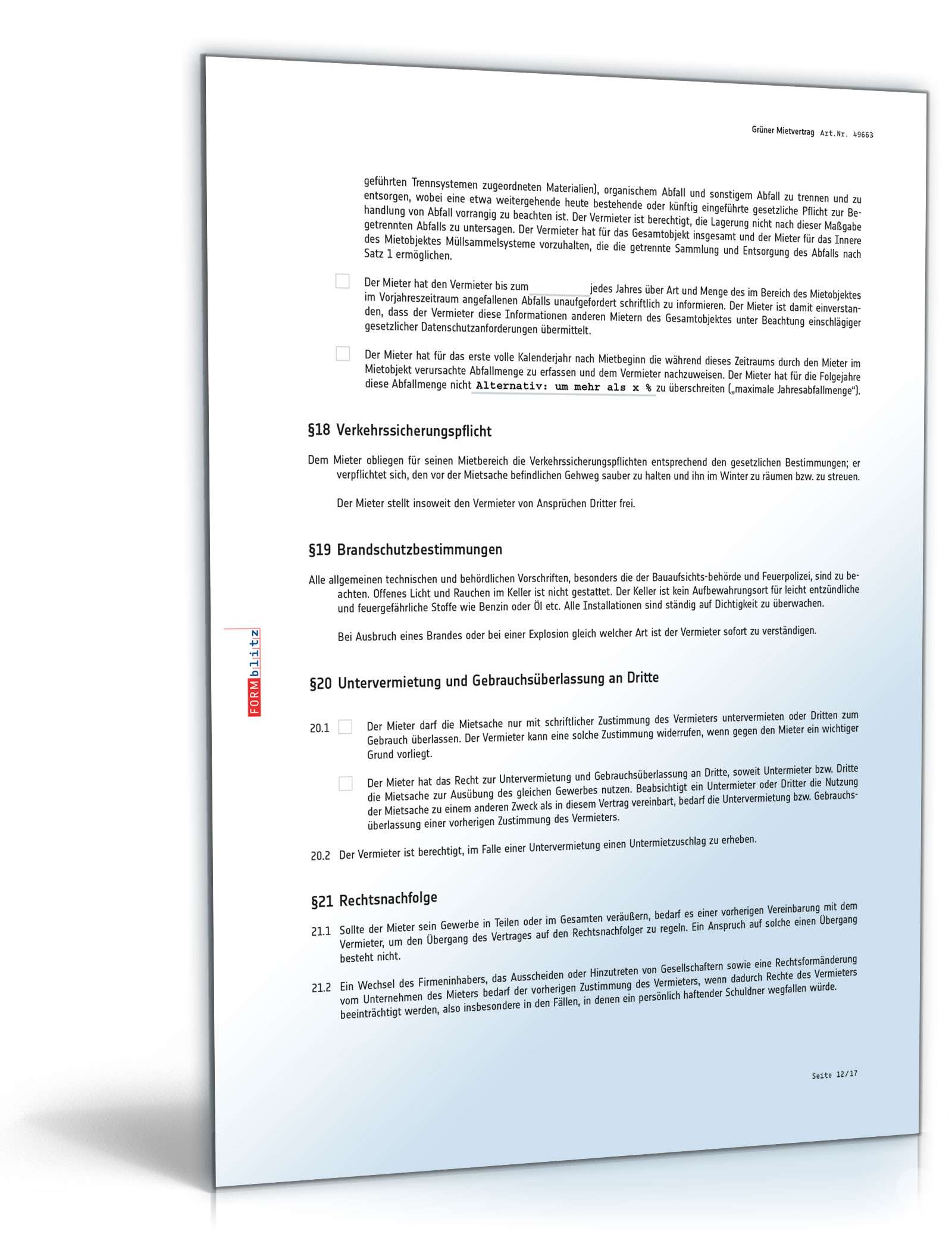 Grüner Mietvertrag für Gewerbe PDF. Seite: 12