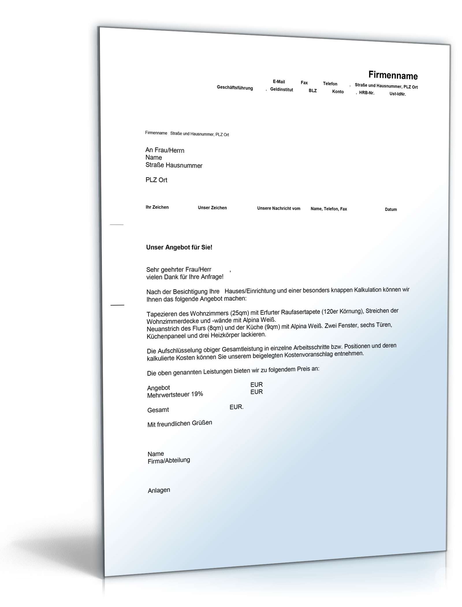 Kostenvoranschlag Maler- und Lackierarbeiten Excel. Seite: 2
