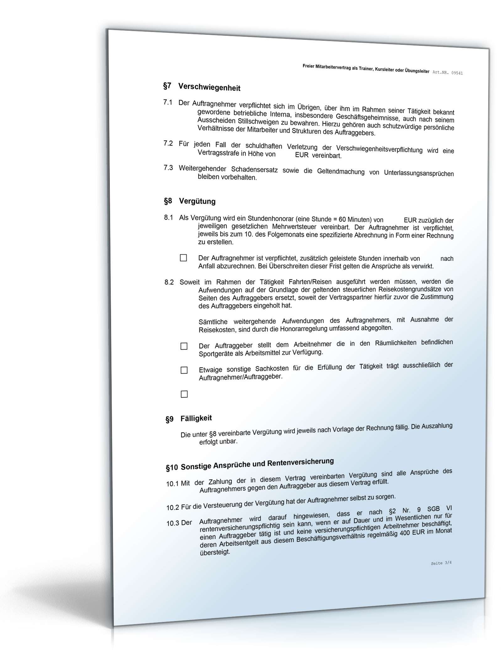 Honorarvertrag Trainer Kursleiter Word. Seite: 3