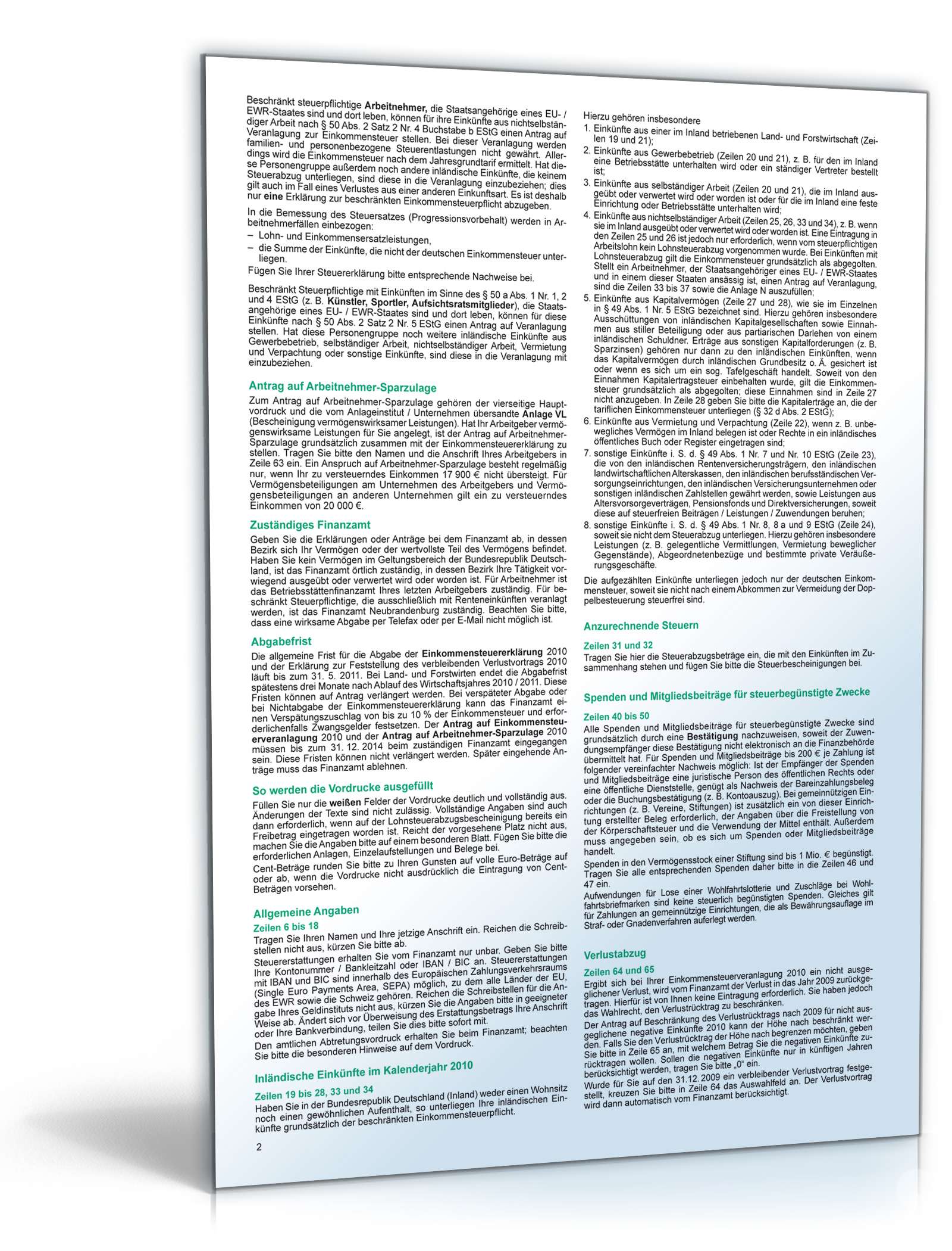 Anleitung Einkommensteuererklärung beschränkt Steuerpflichtige 2010 PDF. Seite: 2