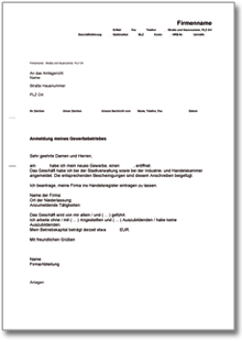 Anmeldung eines Gewerbebetriebs Word