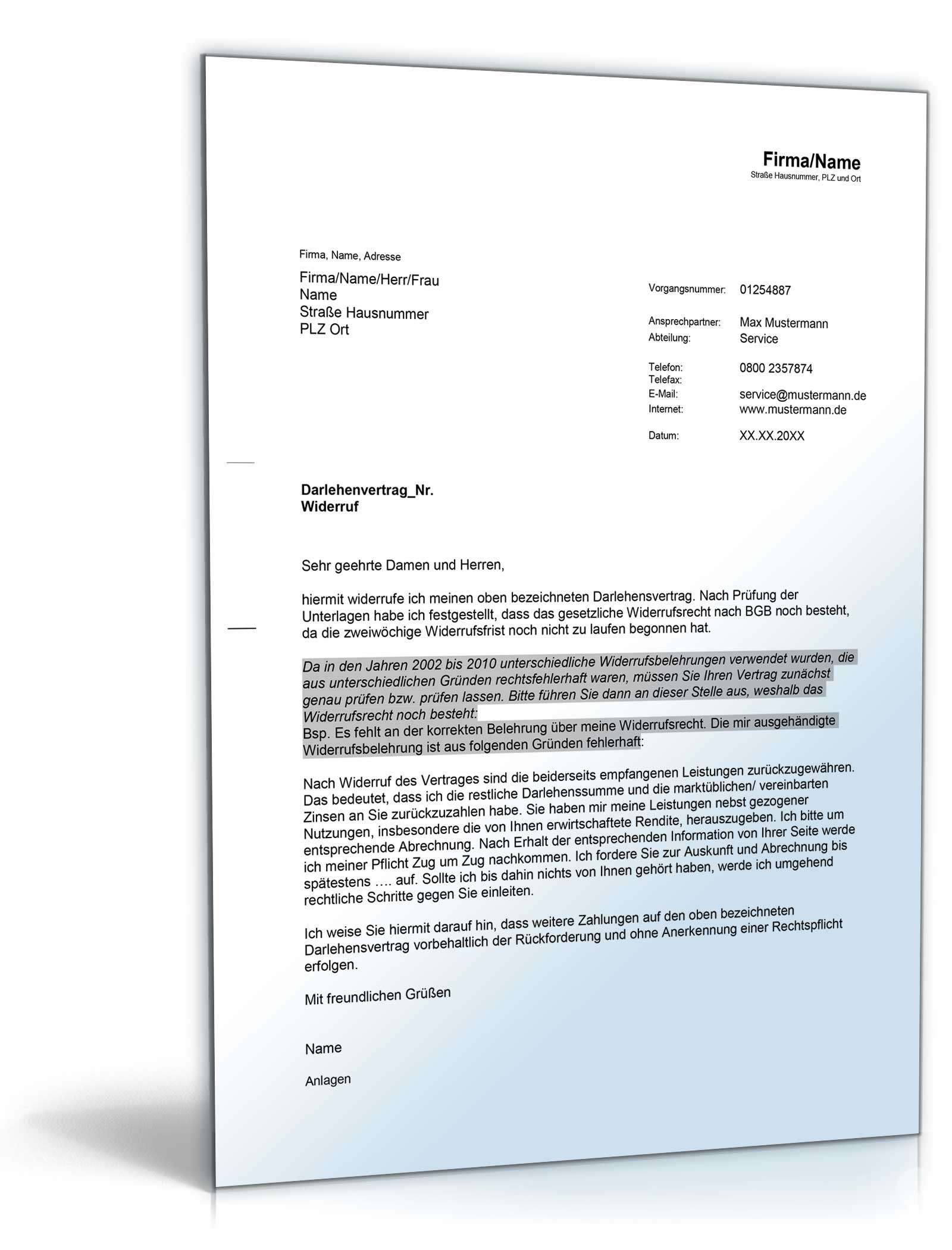 Widerruf Immobilienkredit Word