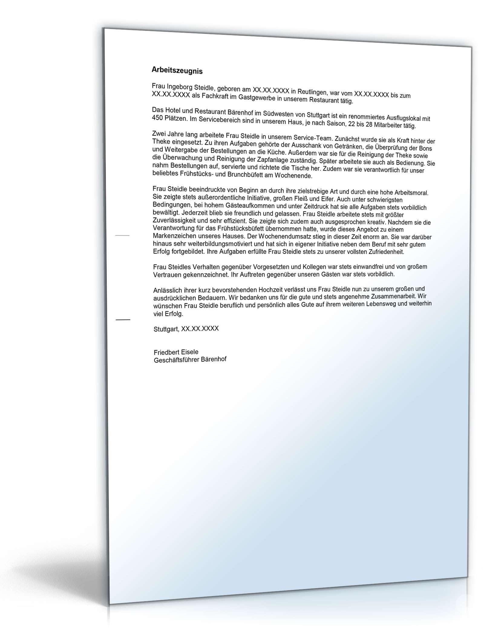 Arbeitszeugnis Fachkraft im Gastgewerbe Excel. Seite: 3