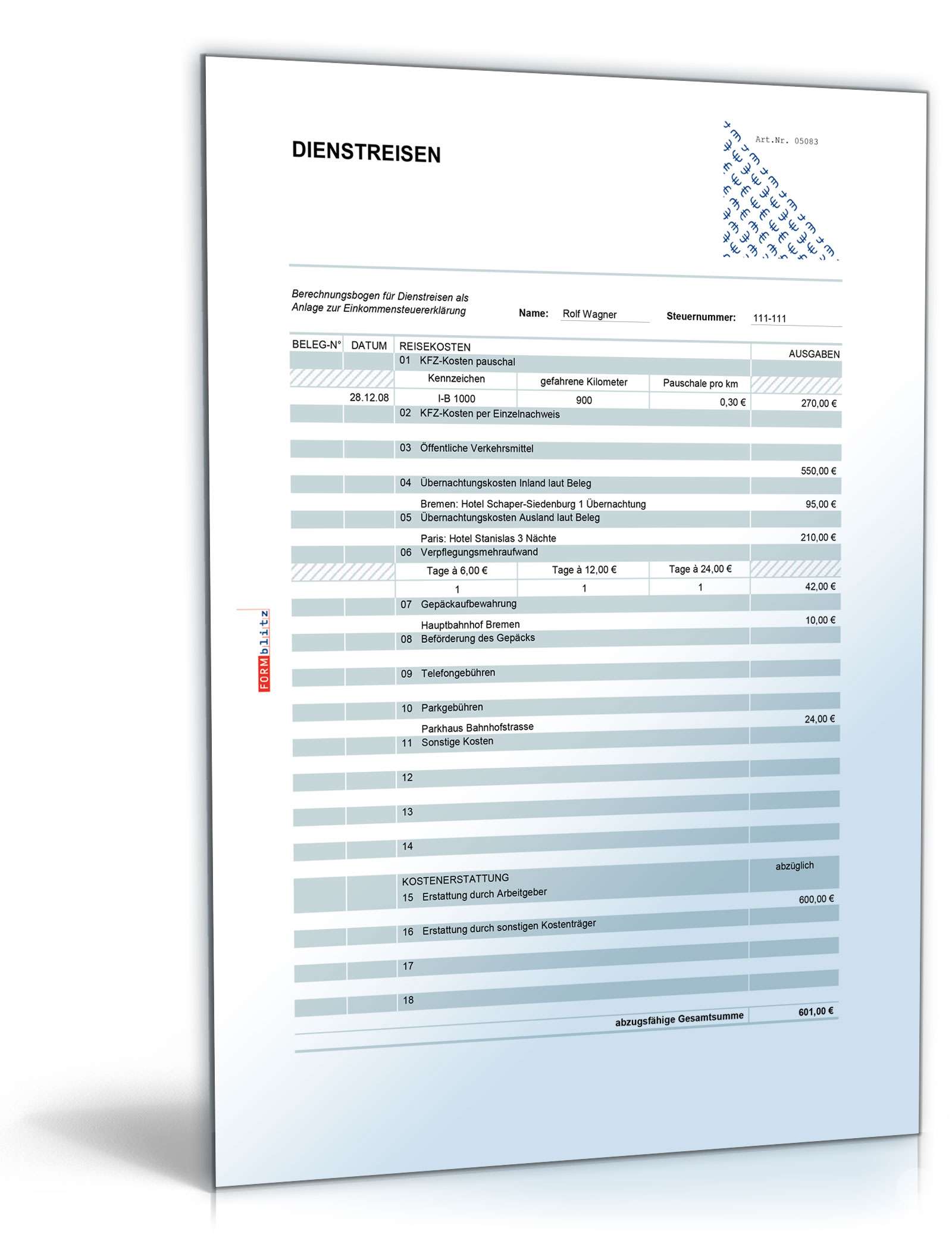 Rechentabelle Dienstreisen Excel