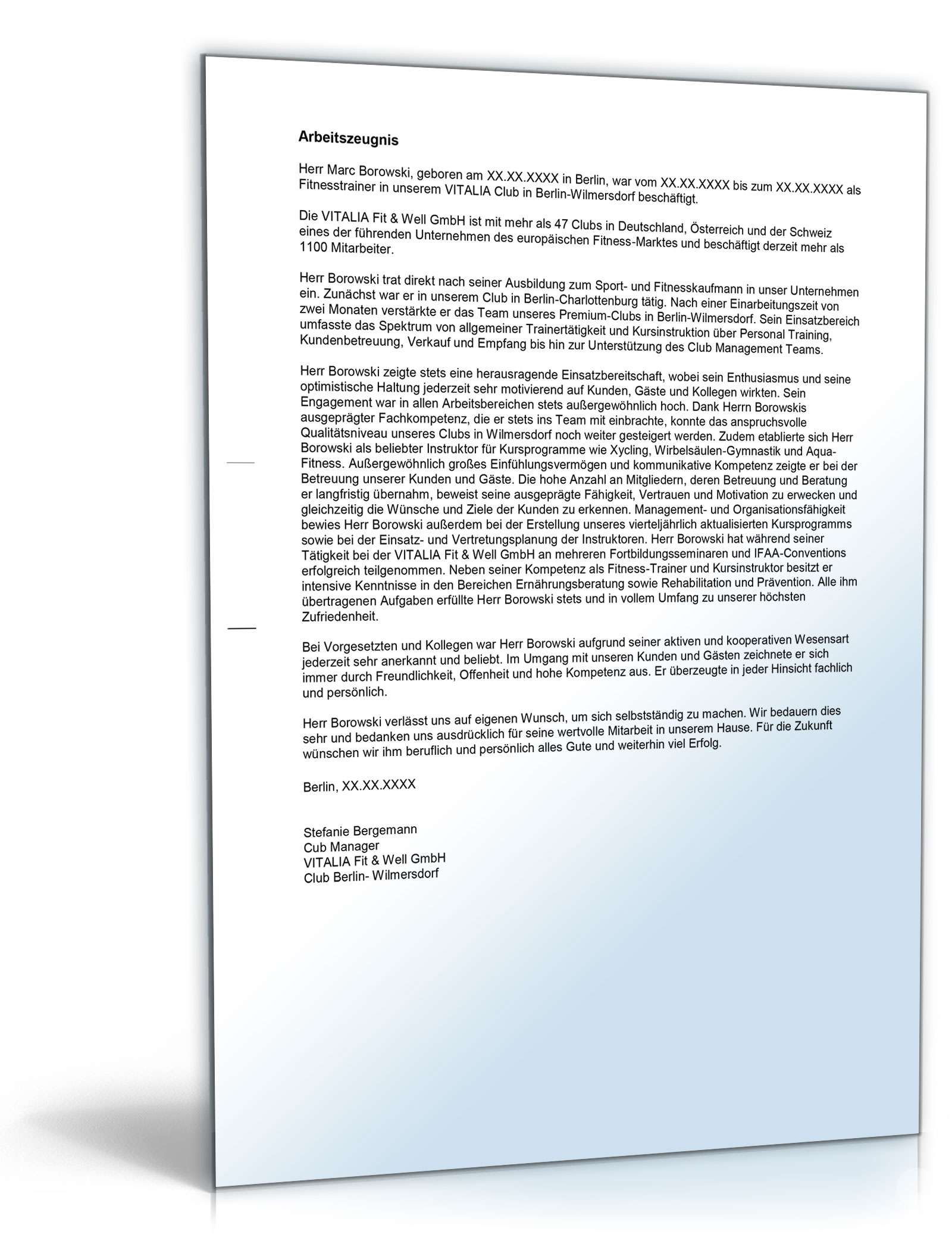 Arbeitszeugnis Fitnesstrainer Excel. Seite: 2