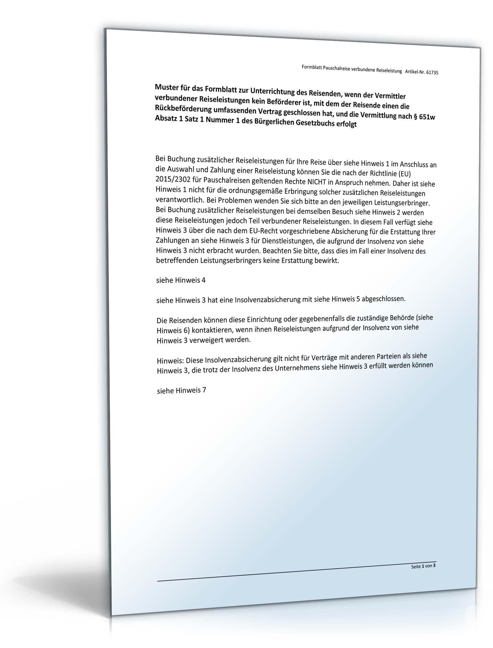 Formblatt Vermittlung verbundene Reiseleistungen § 651w Absatz 1 Satz 1 Nummer 1 BGB Word