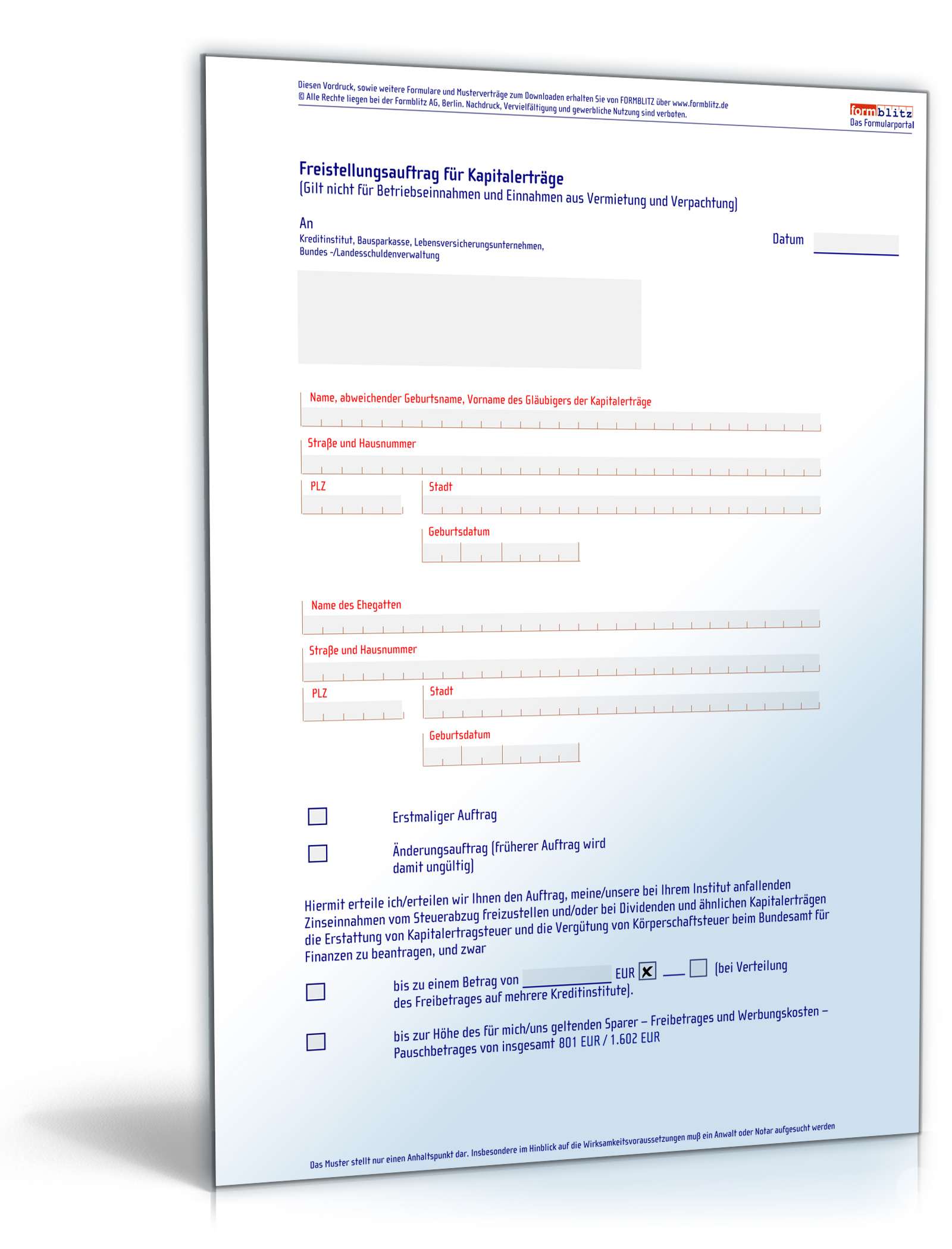 Freistellungsauftrag für Kapitalerträge  PDF