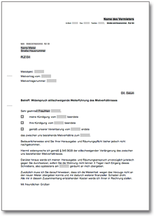 Widerspruch stillschweigende Weiterführung des Mietverhältnisses Word