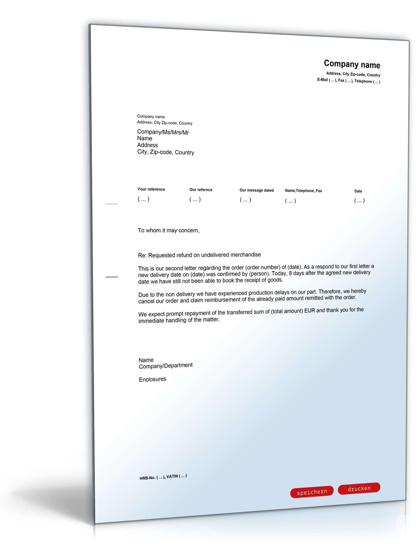 Forderung Rückzahlung bei Nichtlieferung Englisch/Deutsch PDF