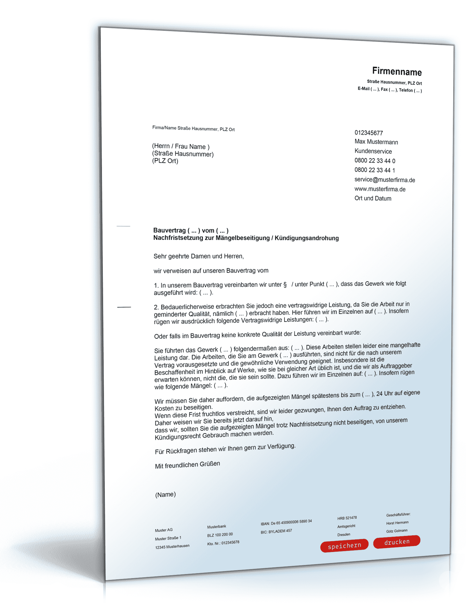 Nachfristsetzung zu Mängelbeseitigung mit Kündigungsandrohung PDF