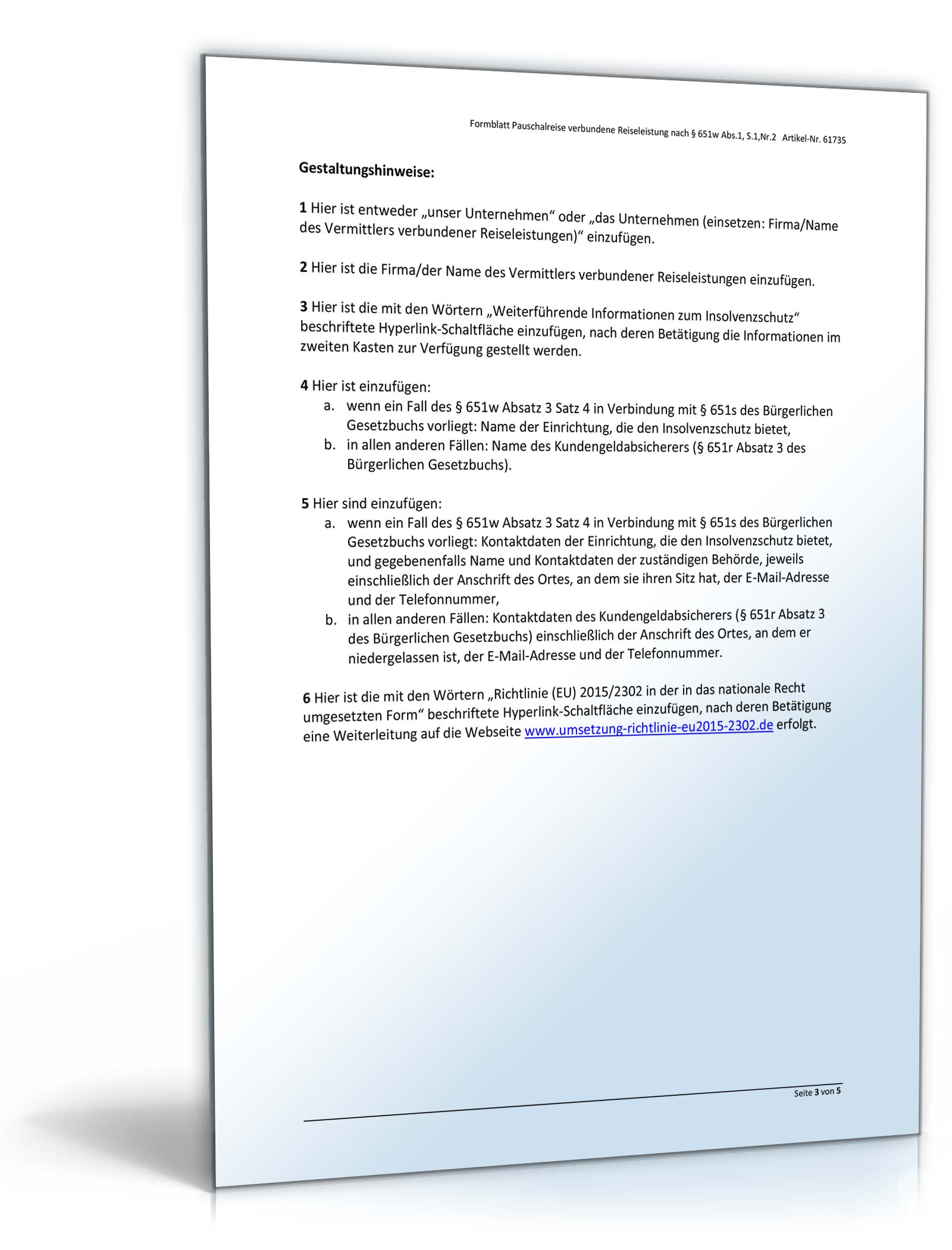 Formblatt Vermittlung verbundene Reiseleistungen § 651w Absatz 1 Satz 1 Nummer 2 BGB Word. Seite: 2