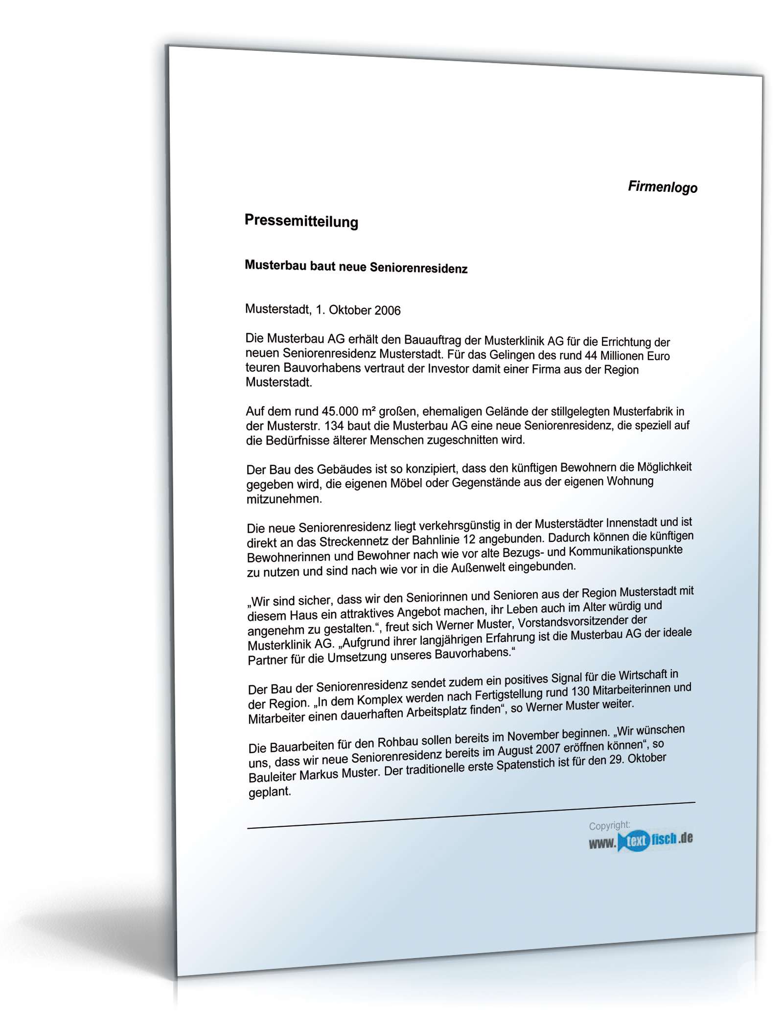 Pressemitteilung Bauherr über Bau einer Seniorenresidenz