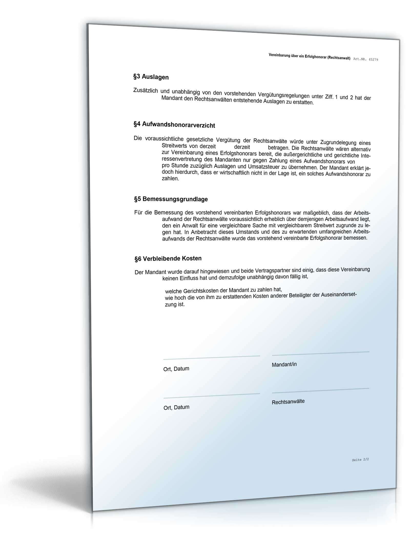 Vereinbarung Erfolgshonorar Rechtsanwalt Word. Seite: 2
