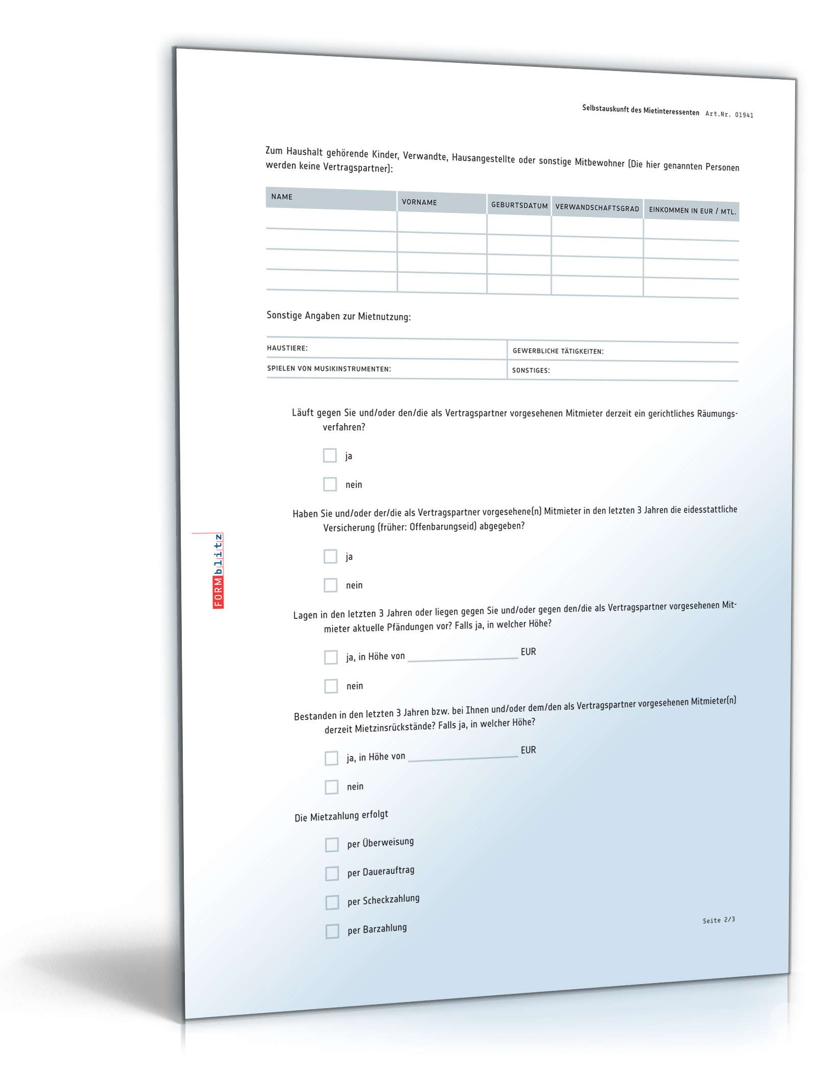 Selbstauskunft Mieter mit Einwilligung nach DSGVO PDF. Seite: 2