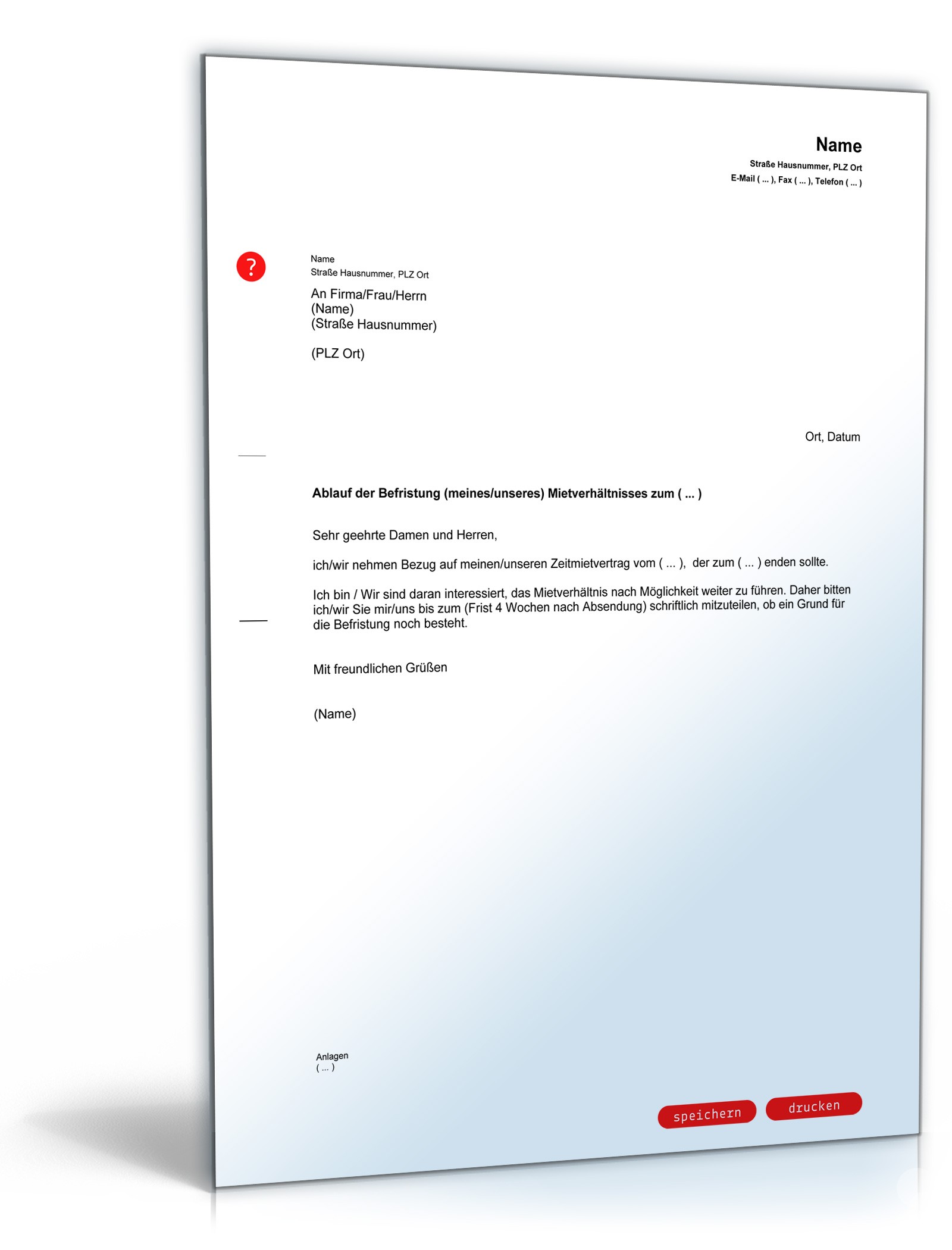 Auskunftsverlangen Zeitmietvertrag PDF