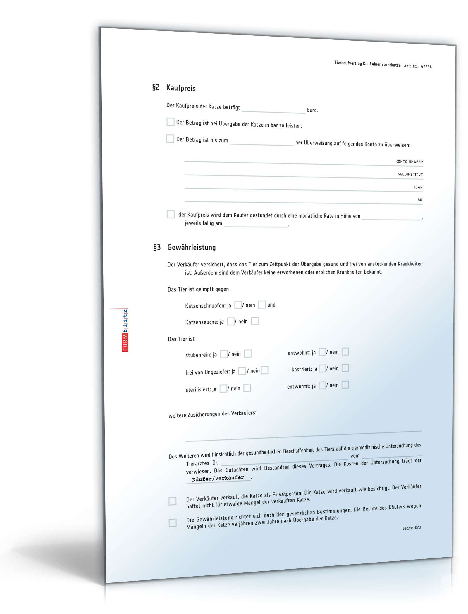 Kaufvertrag Zuchtkatze PDF. Seite: 2