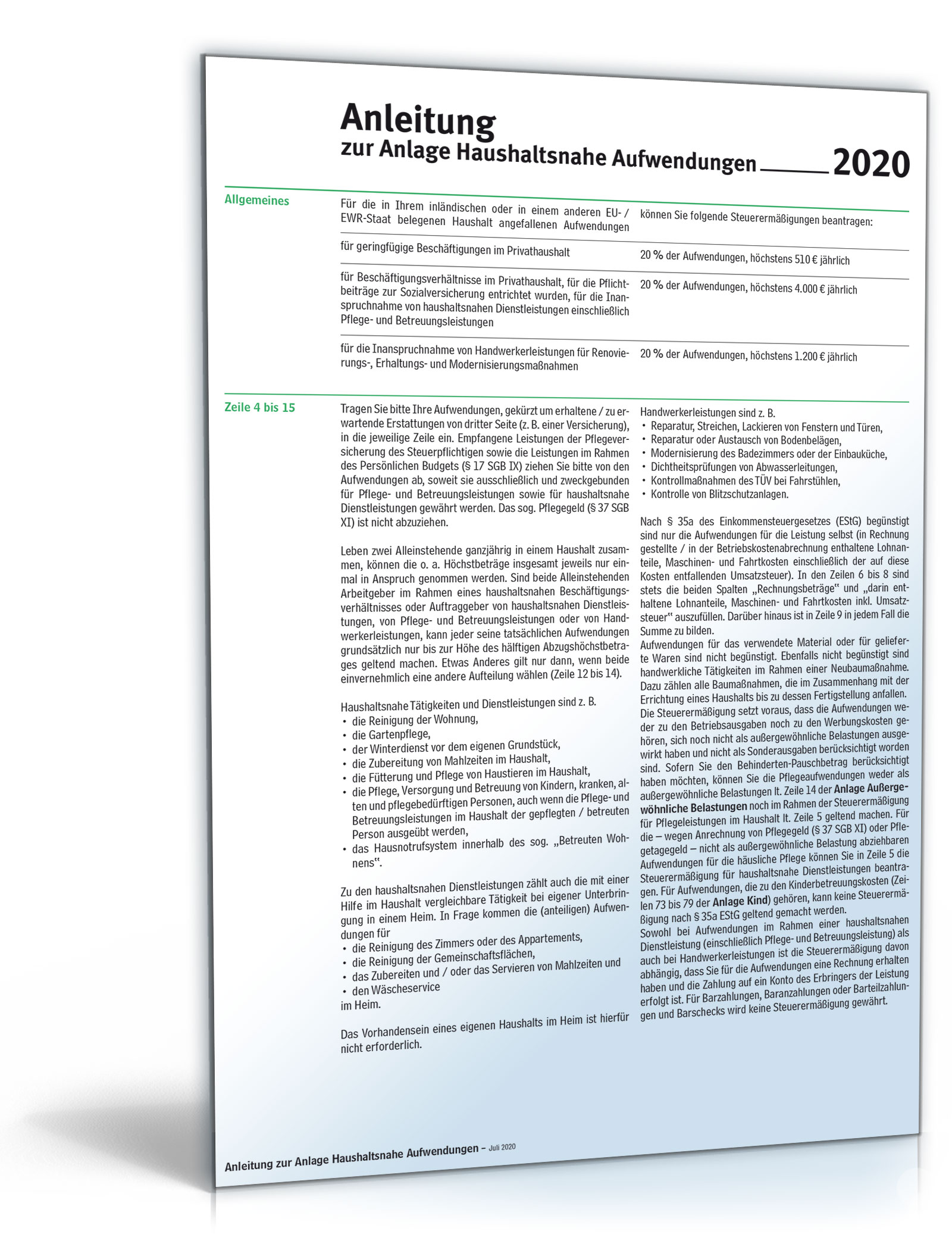 Anleitung Anlage 35 a haushaltsnahe Aufwendungen 2020 PDF