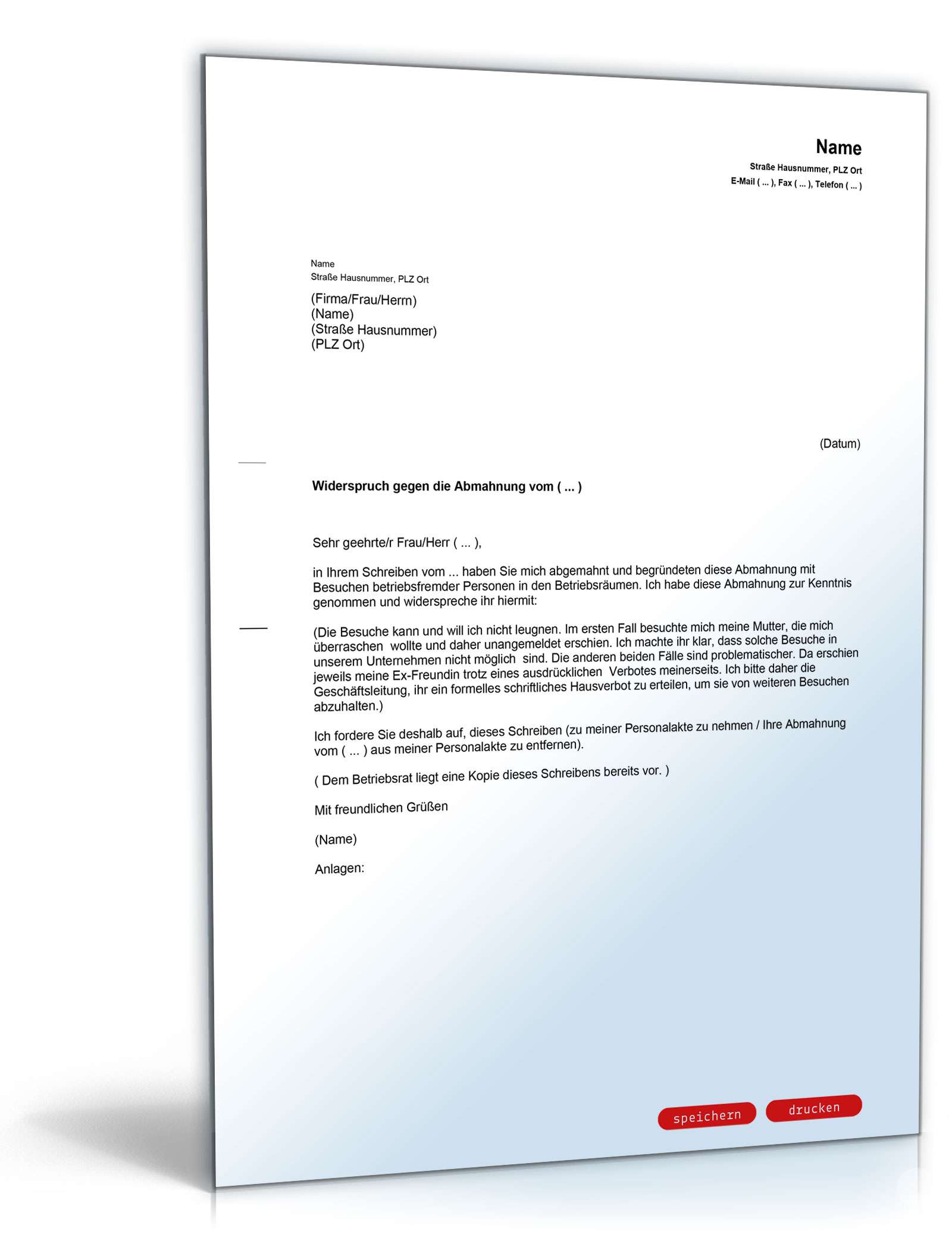 Gegendarstellung Abmahnung Besuch betriebsfremder Personen PDF