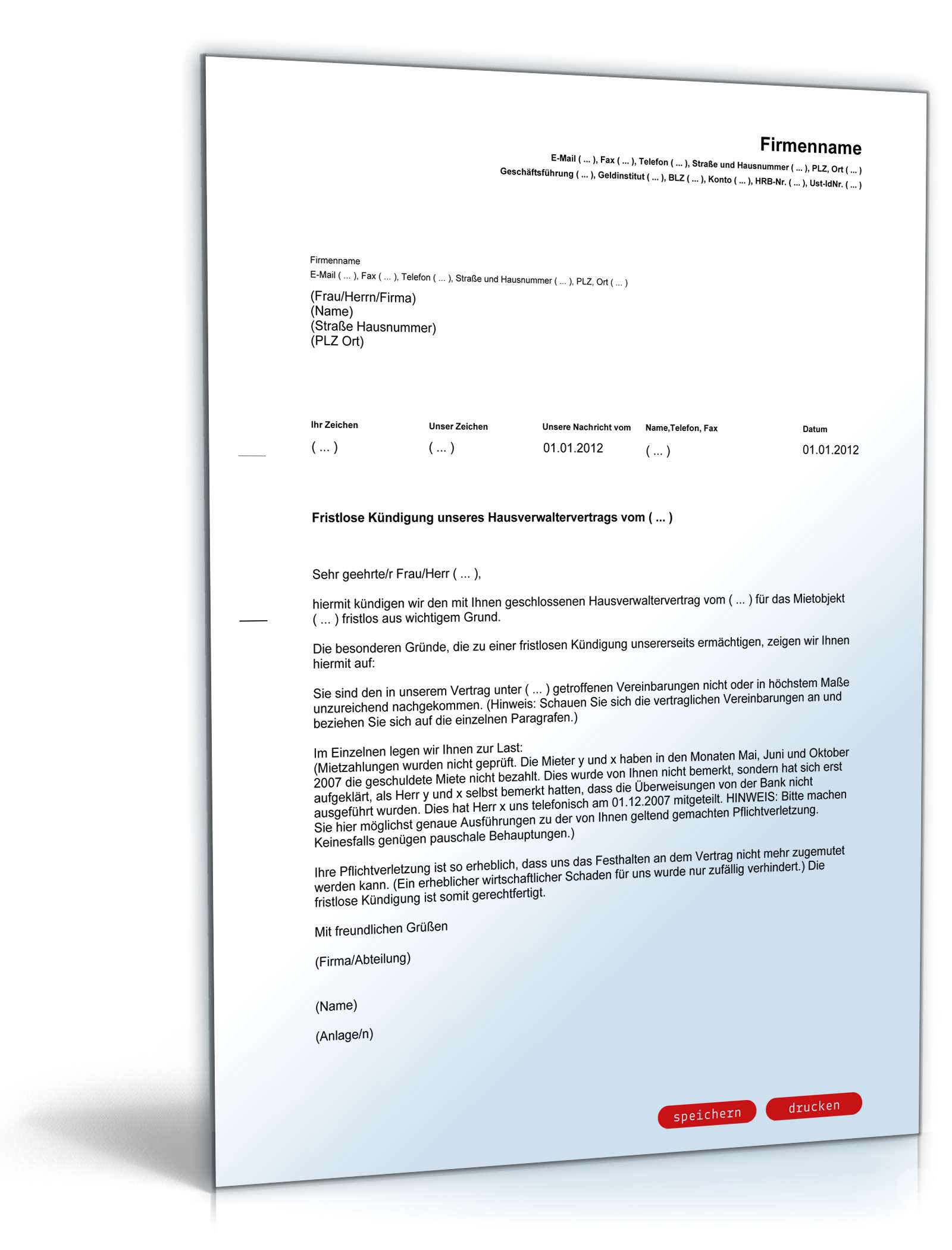 Fristlose Kündigung Hausverwaltervertrag PDF