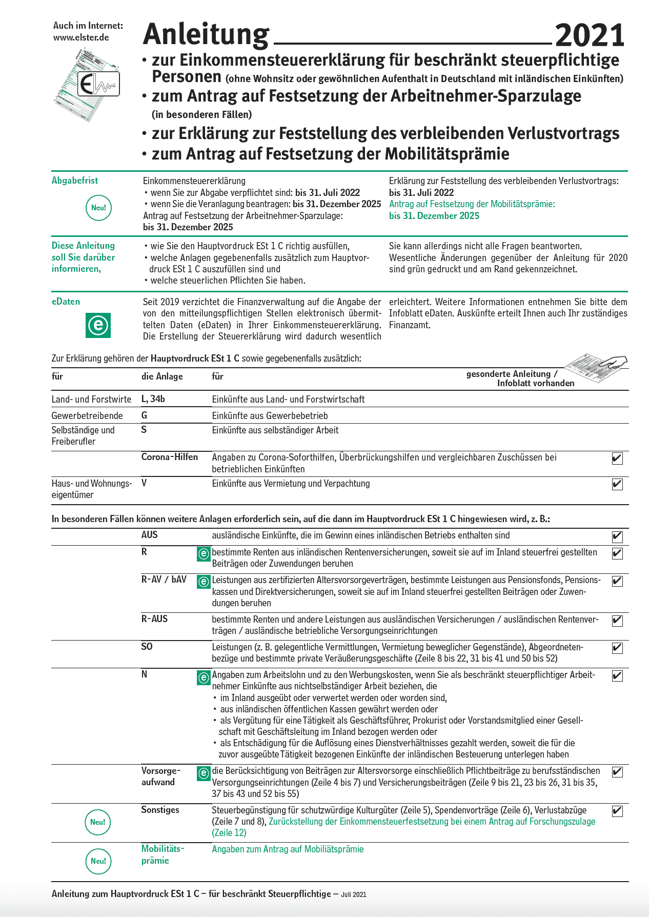 Anleitung Einkommensteuererklärung beschränkt Steuerpflichtige 2021  PDF