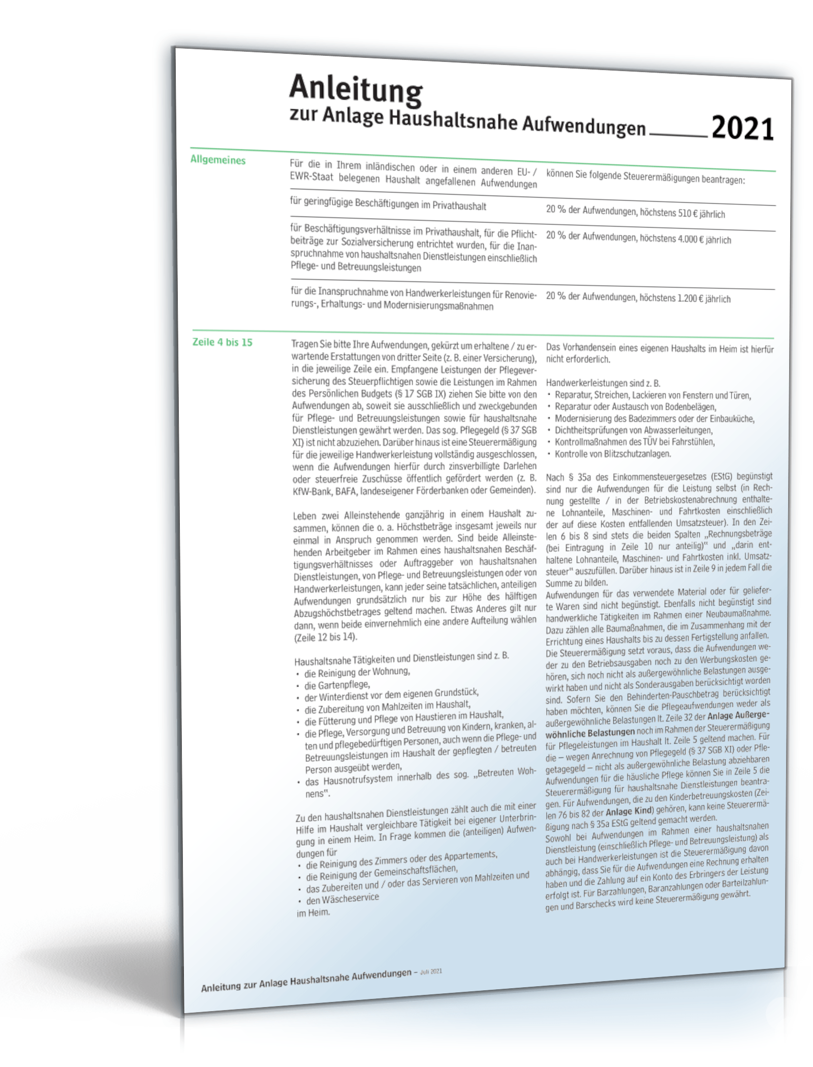 Anleitung Anlage 35 a haushaltsnahe Aufwendungen 2021 PDF