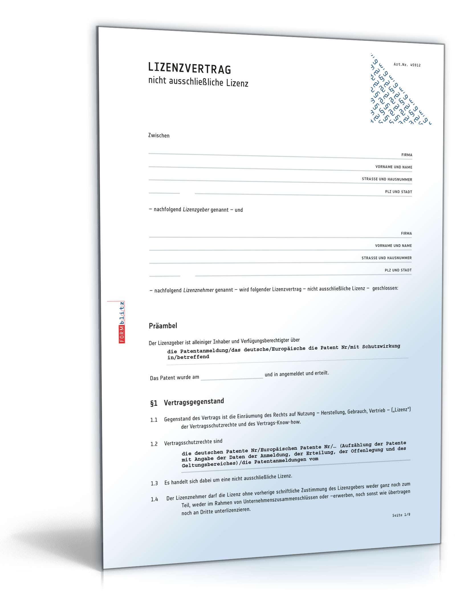 Lizenzvertrag nicht ausschließliche Lizenz PDF