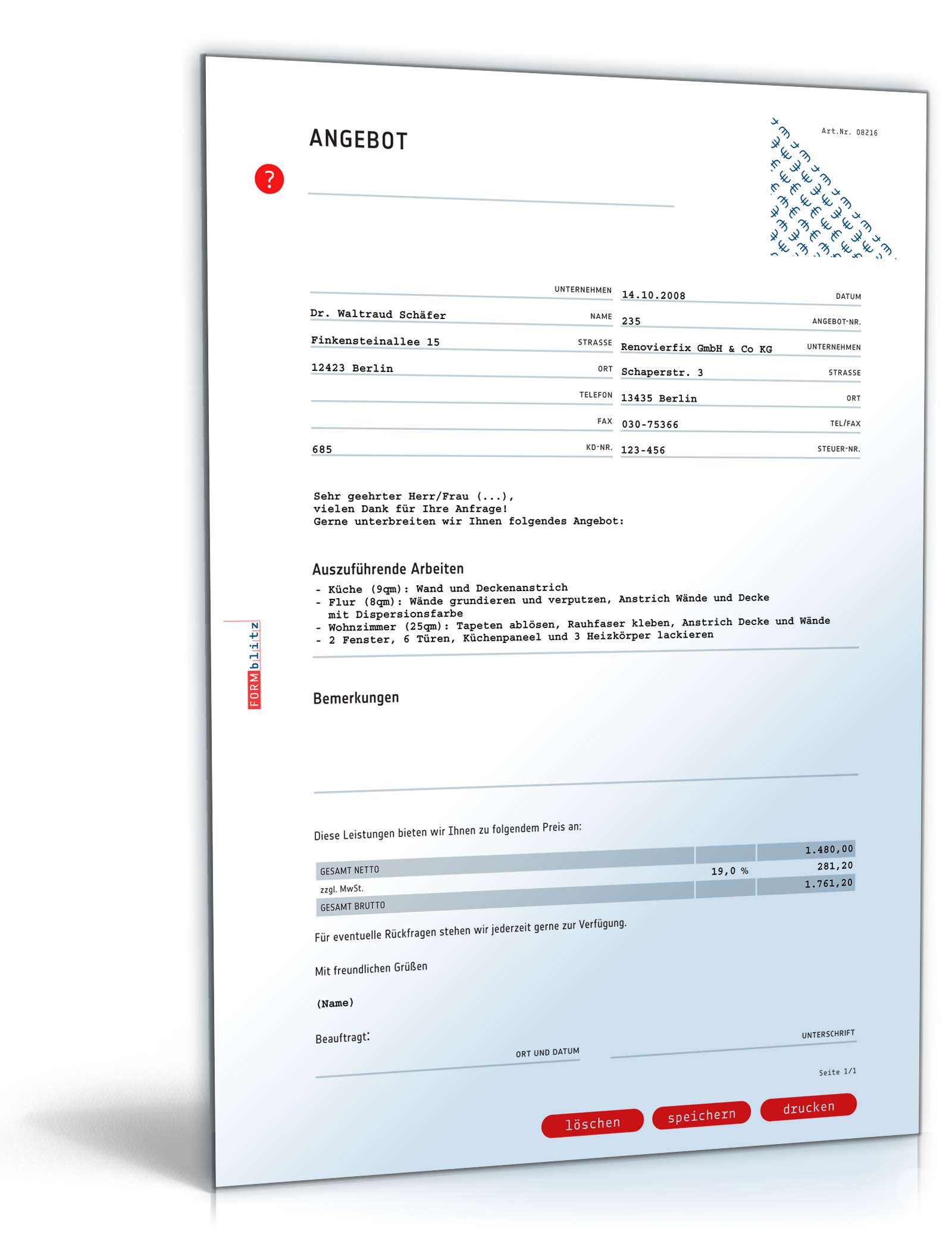 Angebot Malerbetrieb pauschal
 PDF