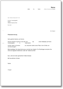 Reservierung Campingplatz  Word