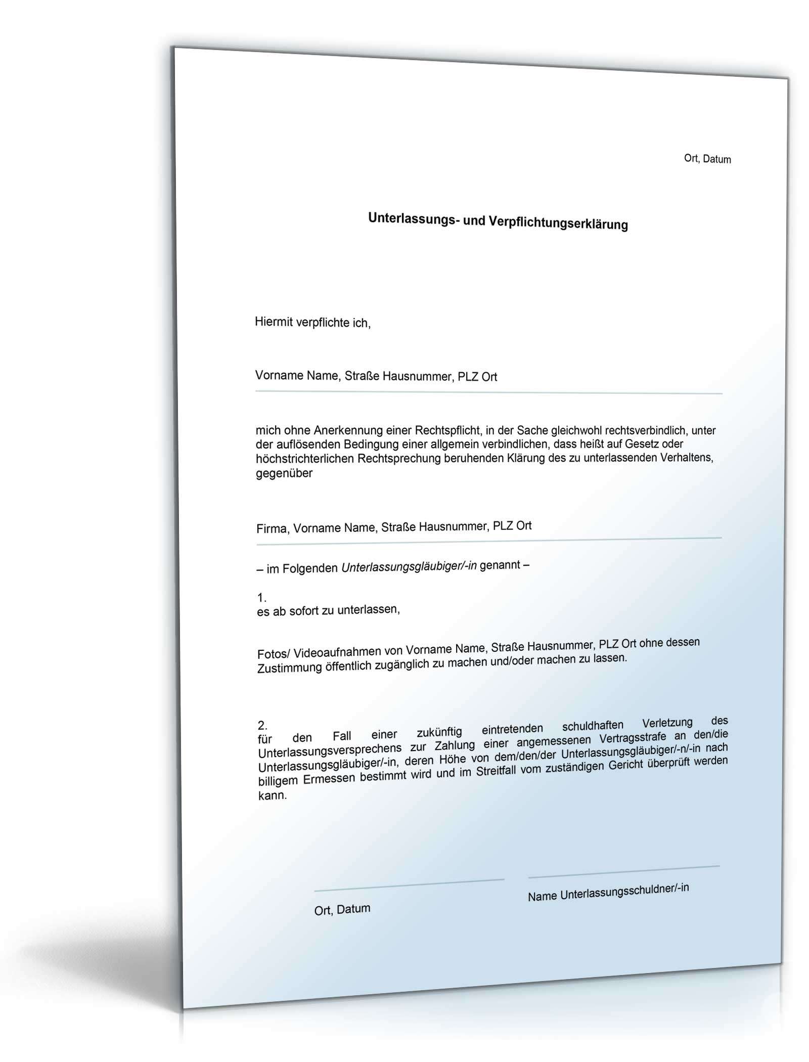 Unterlassungserklärung zur Verwendung von Foto- und/oder Videoaufnahmen Word