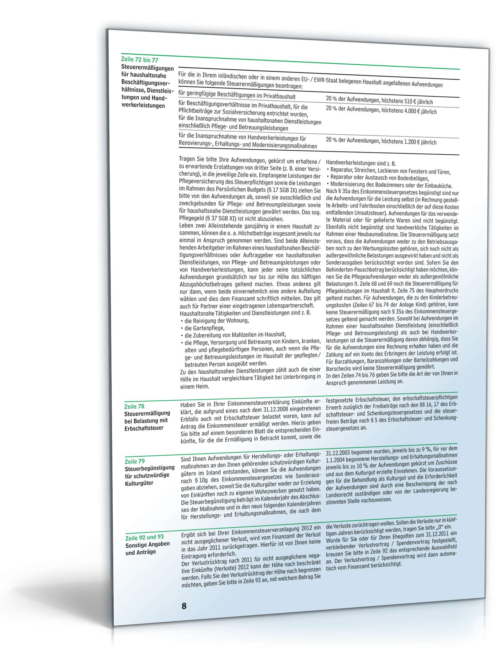 Anleitung zum ausfüllen der Einkommensteuererklärung 2012 PDF. Seite: 8