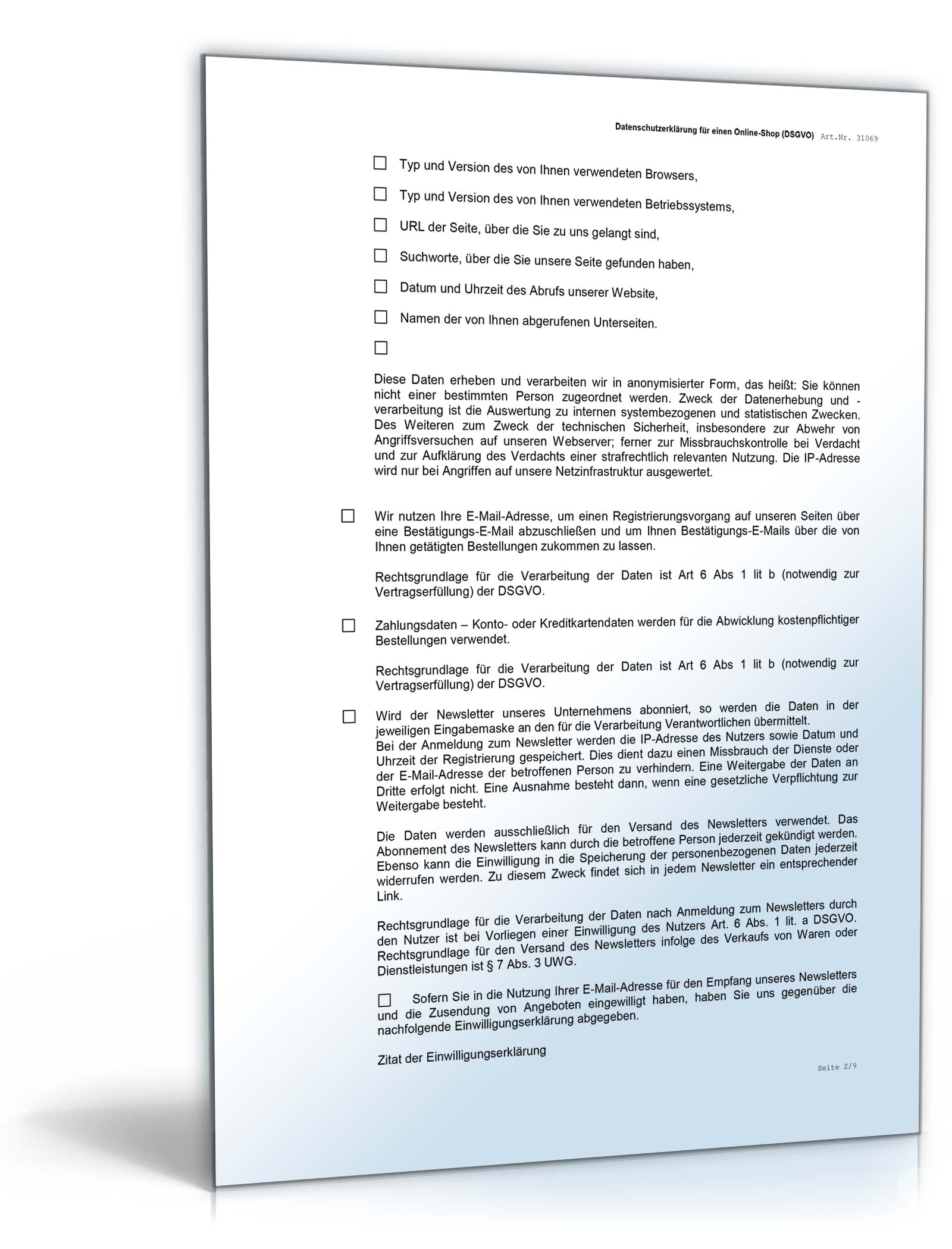 Datenschutzerklärung Online-Shop DSGVO Word. Seite: 2