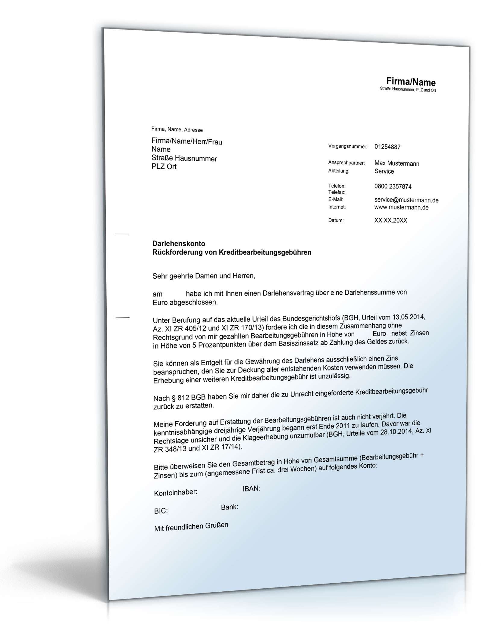 Rückforderung Kreditbearbeitungsgebühren Word