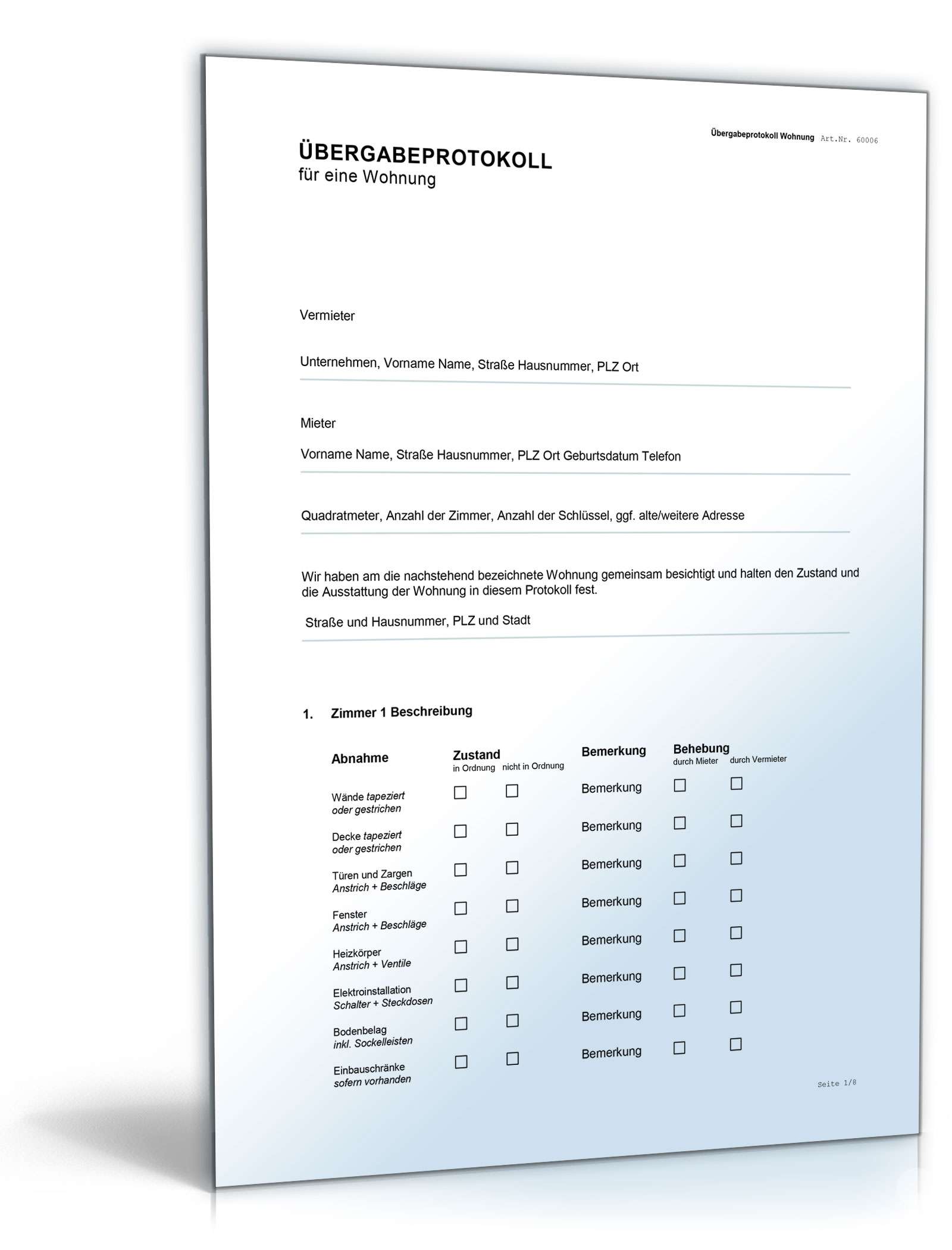 Übergabeprotokoll Wohnung Word