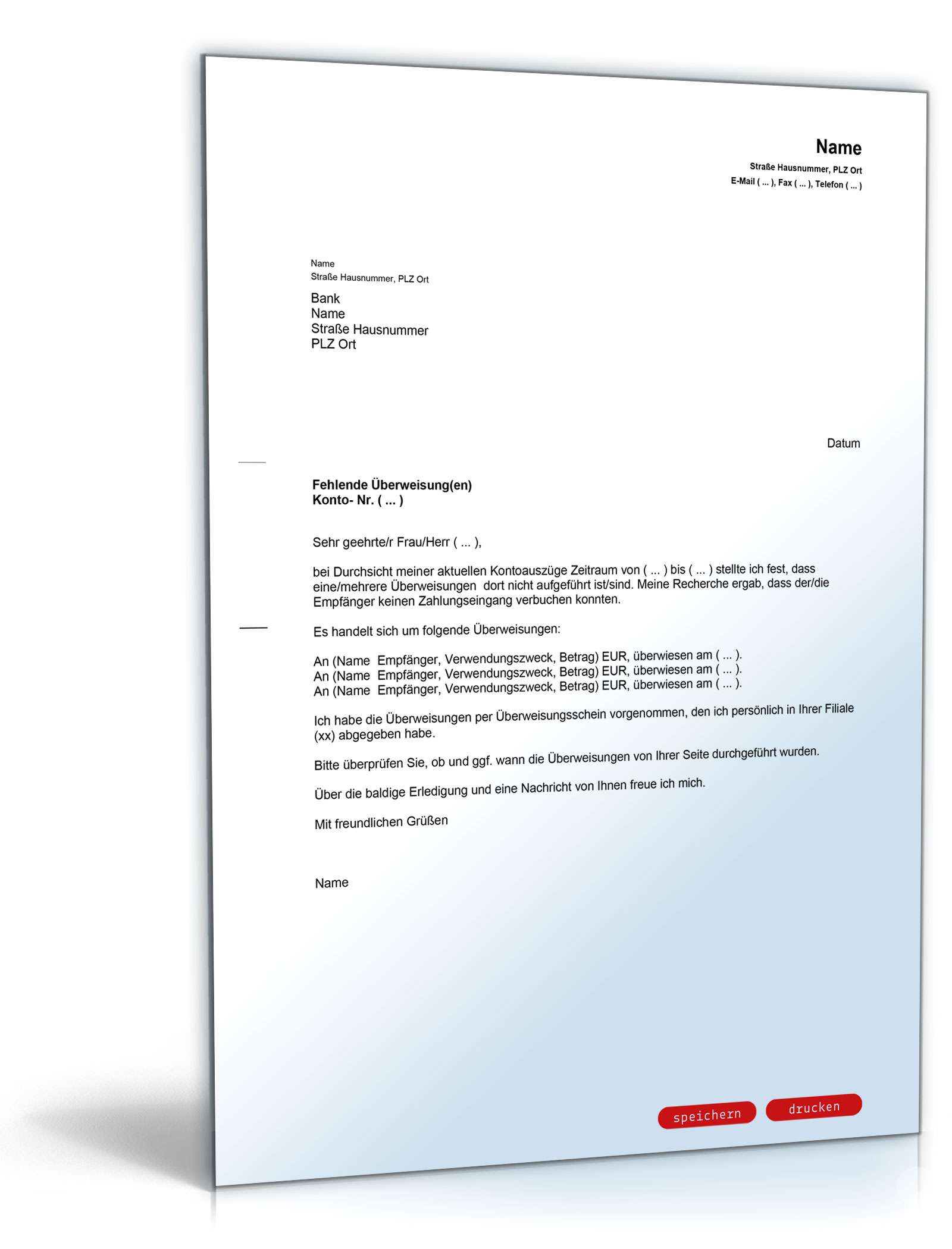 Brief an die Bank wegen fehlender Überweisung PDF