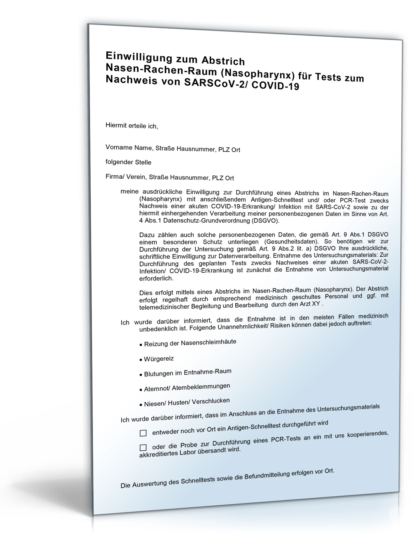 Einwilligungserklärung Corona-Test Arbeitnehmer Word