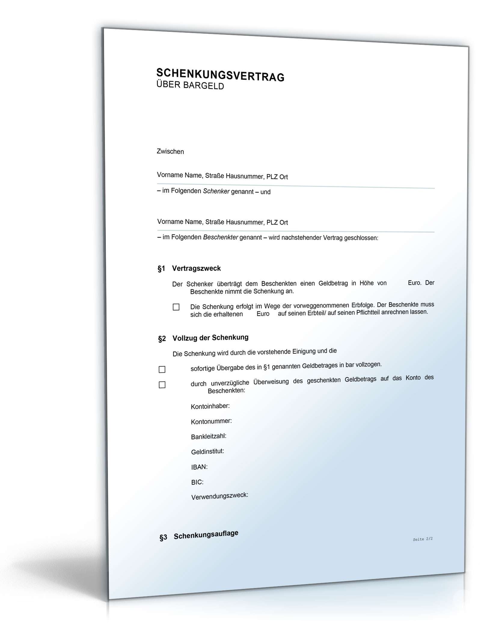 Schenkungsvertrag Geld Word