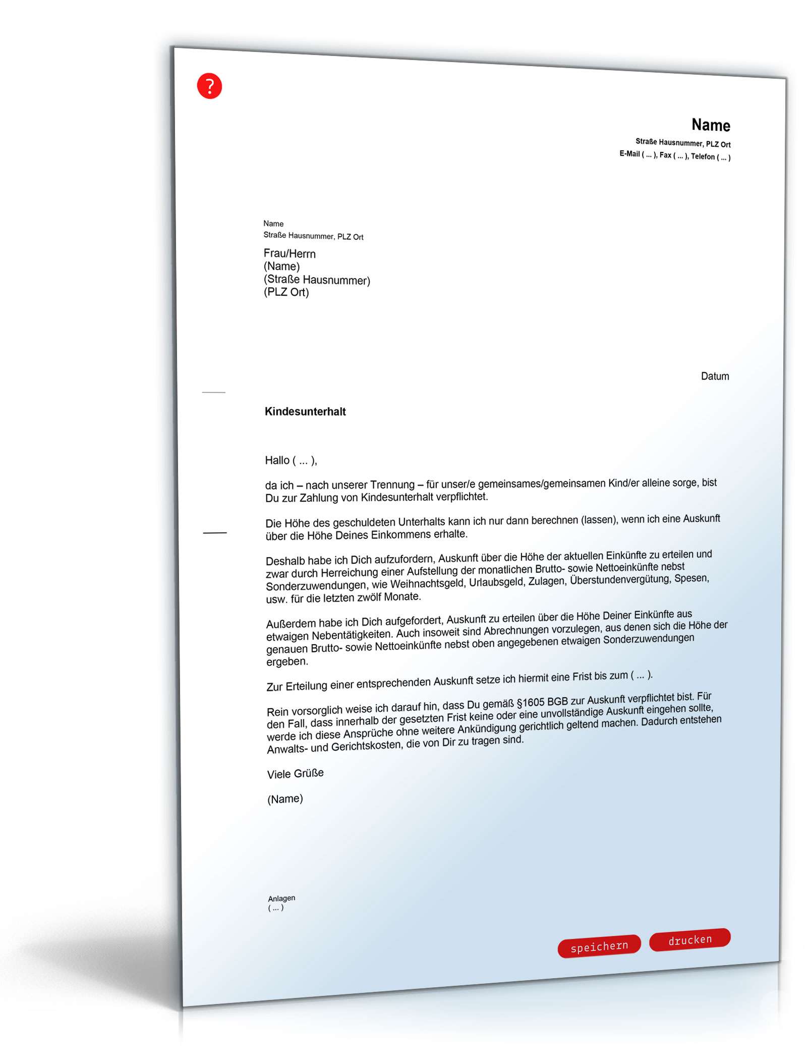 Auskunftsverlangen Berechnung Kindesunterhalt PDF