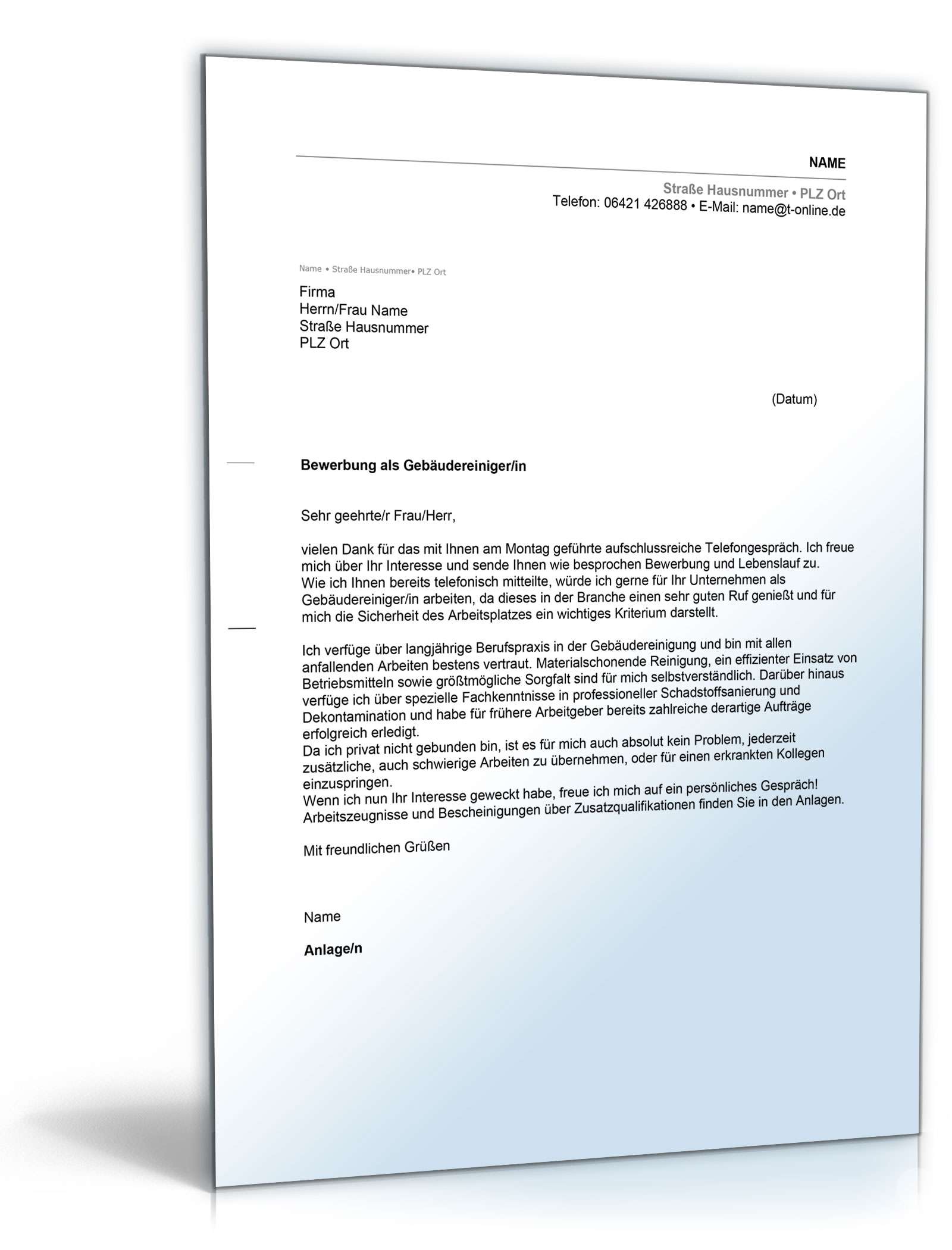 Anschreiben Bewerbung Gebäudereiniger Excel